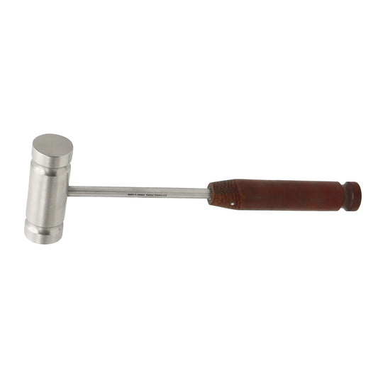 Stainless steel heavy surgical bone mallet with a dark brown textured phenolic handle for orthopedic surgery.