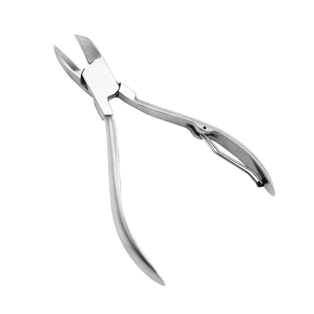 A medical-grade stainless steel podiatrist toenail nipper with curved, sharp blades and an ergonomic plier-style handle featuring a built-in single spring tension bar, displayed on a clean white background.