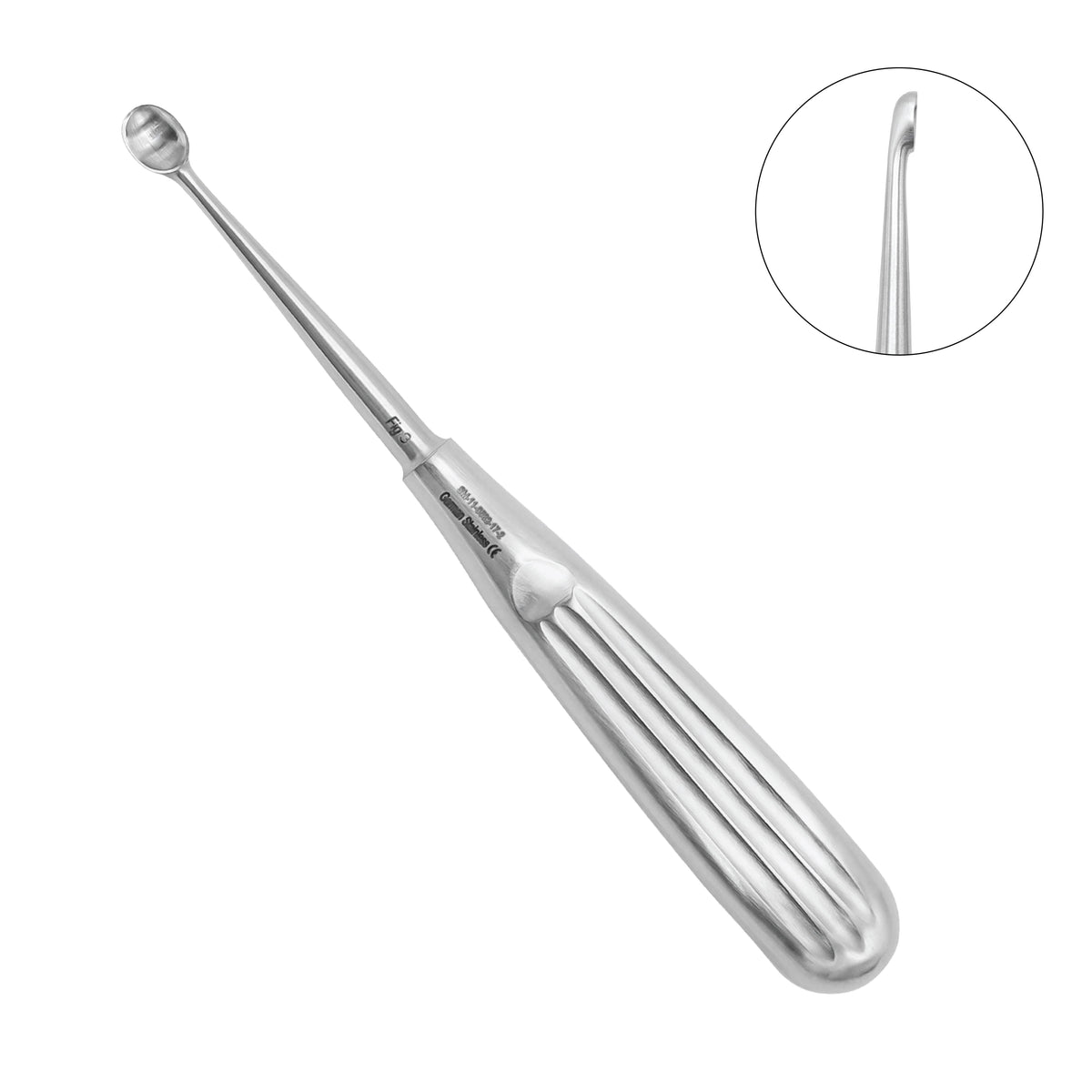 A polished stainless steel dental instrument with a long handle and a curved ball-ended tip, shown on a plain white background with a circular inset close-up of the tip.