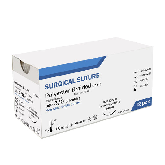 A white and blue box of 12 sterile, non-absorbable polyester braided surgical sutures, USP 3/0 gauge, featuring 24mm 3/8 circle reverse cutting needles.