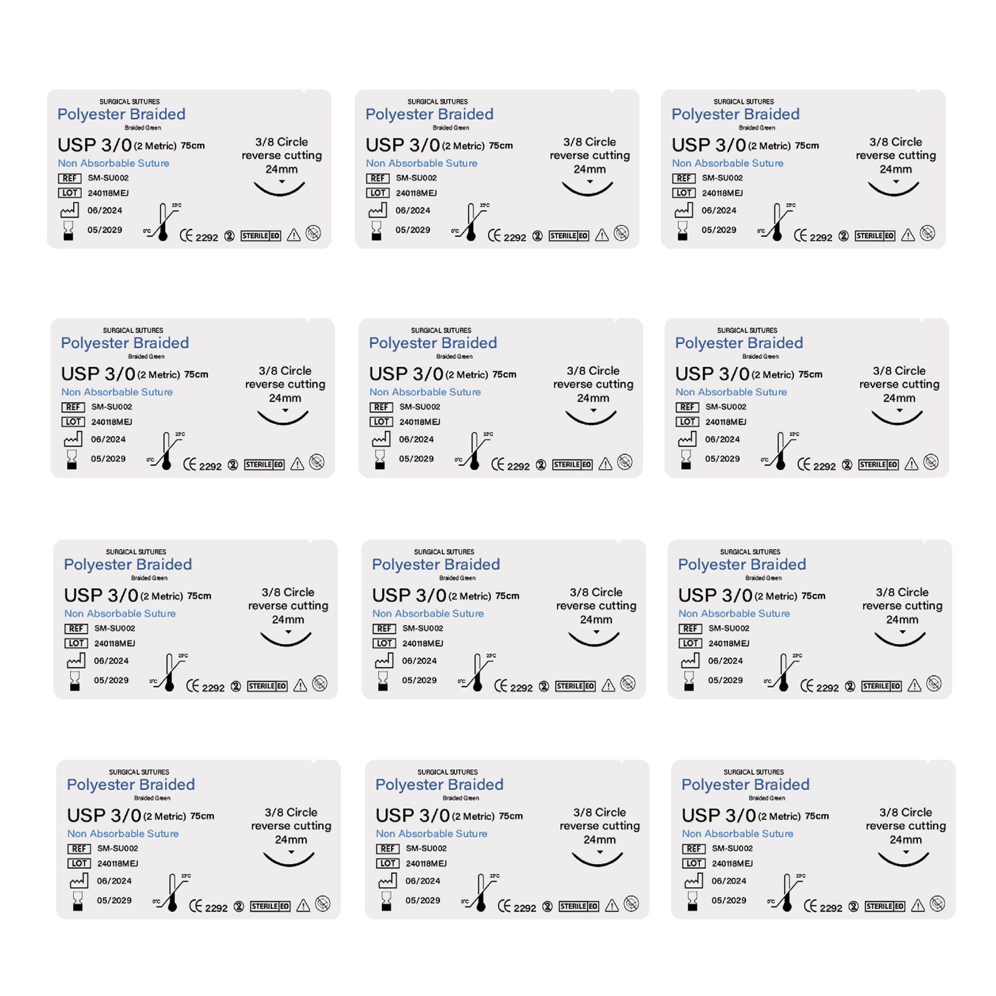 A grid of 12 sterile polyester braided surgical suture packages, USP 3/0, featuring a 24mm 3/8 circle reverse cutting needle and 75cm non-absorbable thread.