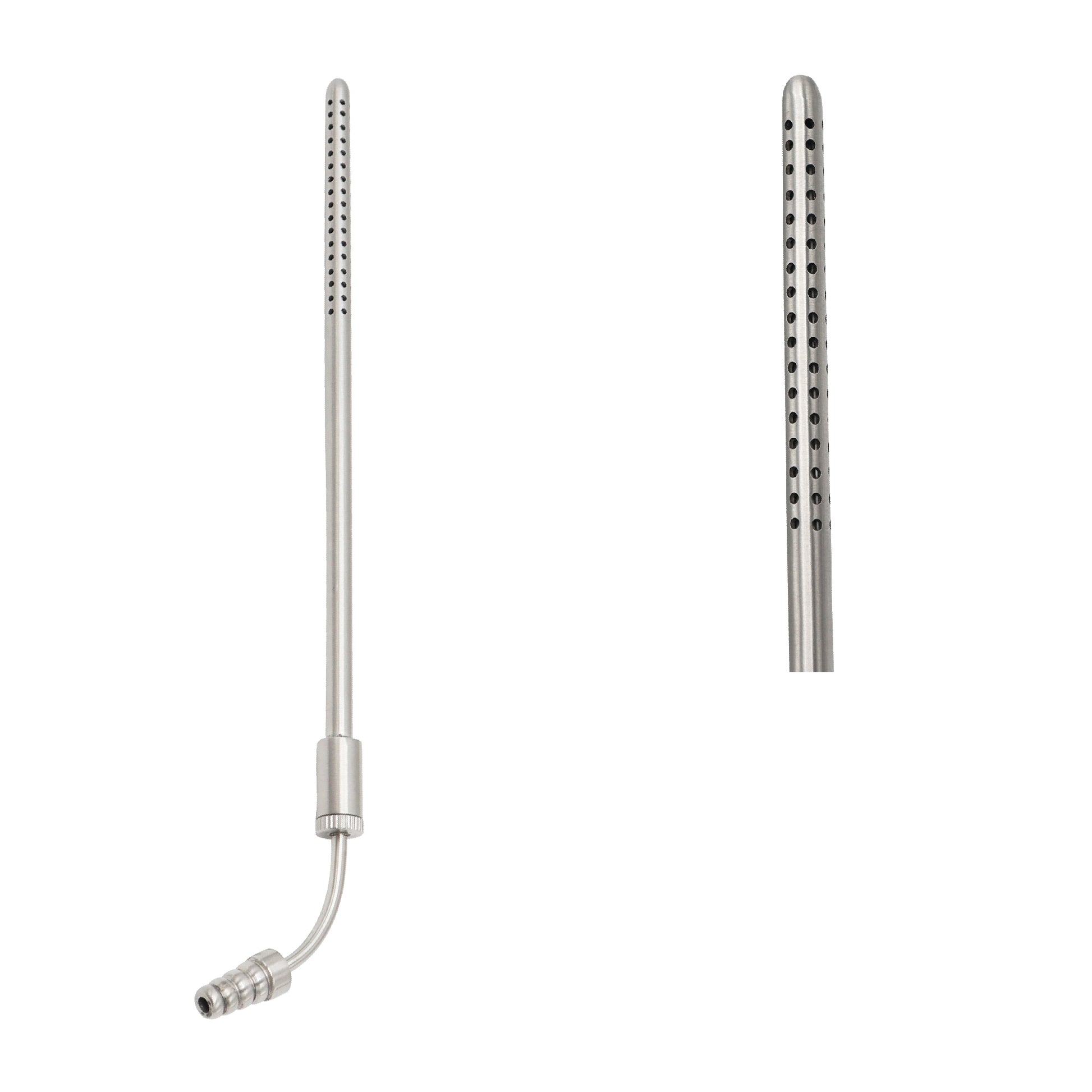 Curved stainless steel Poole suction tube instrument with perforated outer sheath and inner cannula