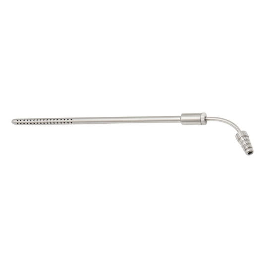 Stainless steel curved Poole suction tube with perforated outer sheath for surgical fluid evacuation.