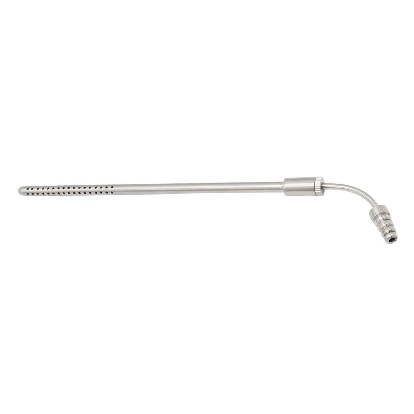 Stainless steel Poole suction tube, curved French surgical instrument with a perforated outer sheath for abdominal fluid evacuation.