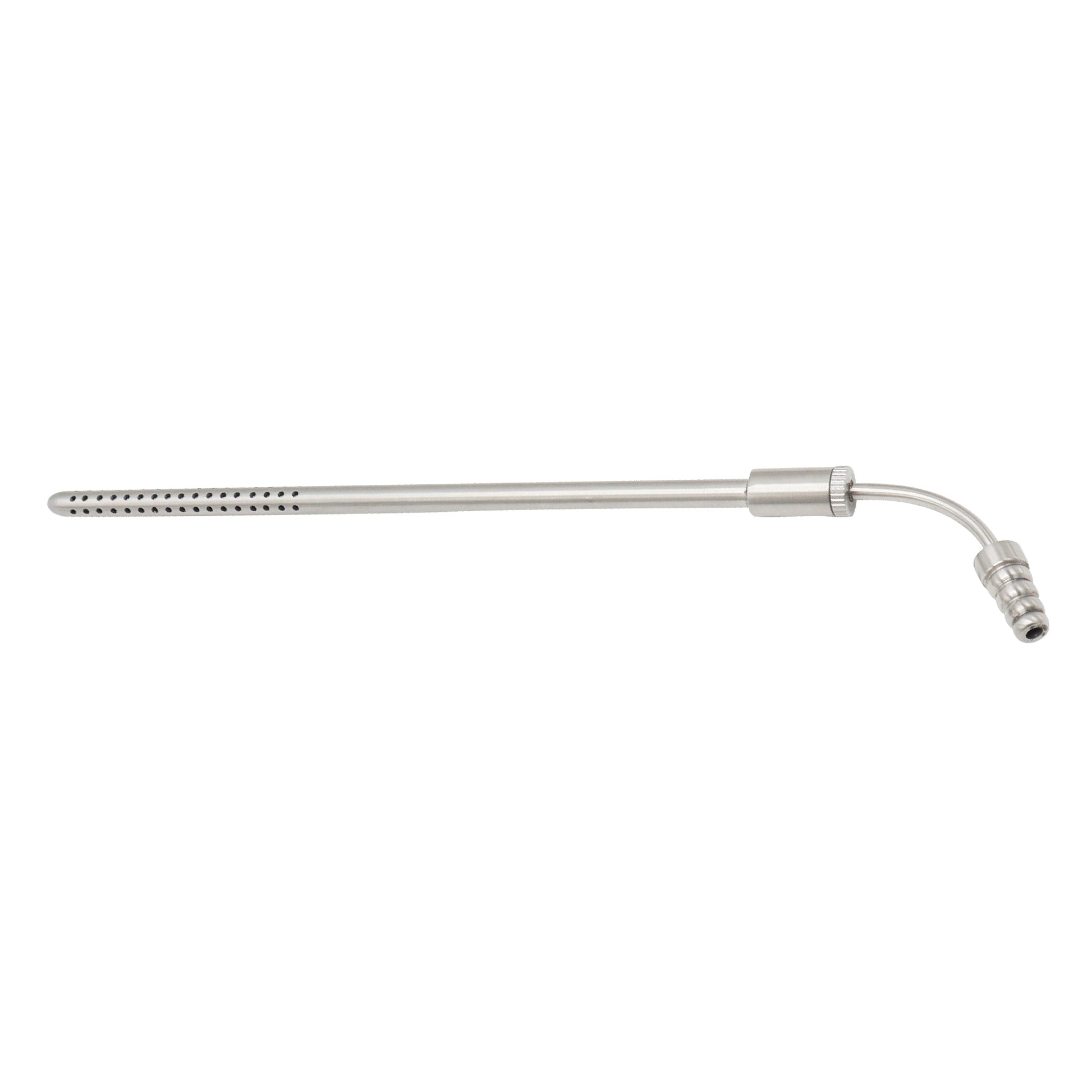 Stainless steel Poole suction tube, curved French surgical instrument with a perforated outer sheath for abdominal fluid evacuation.