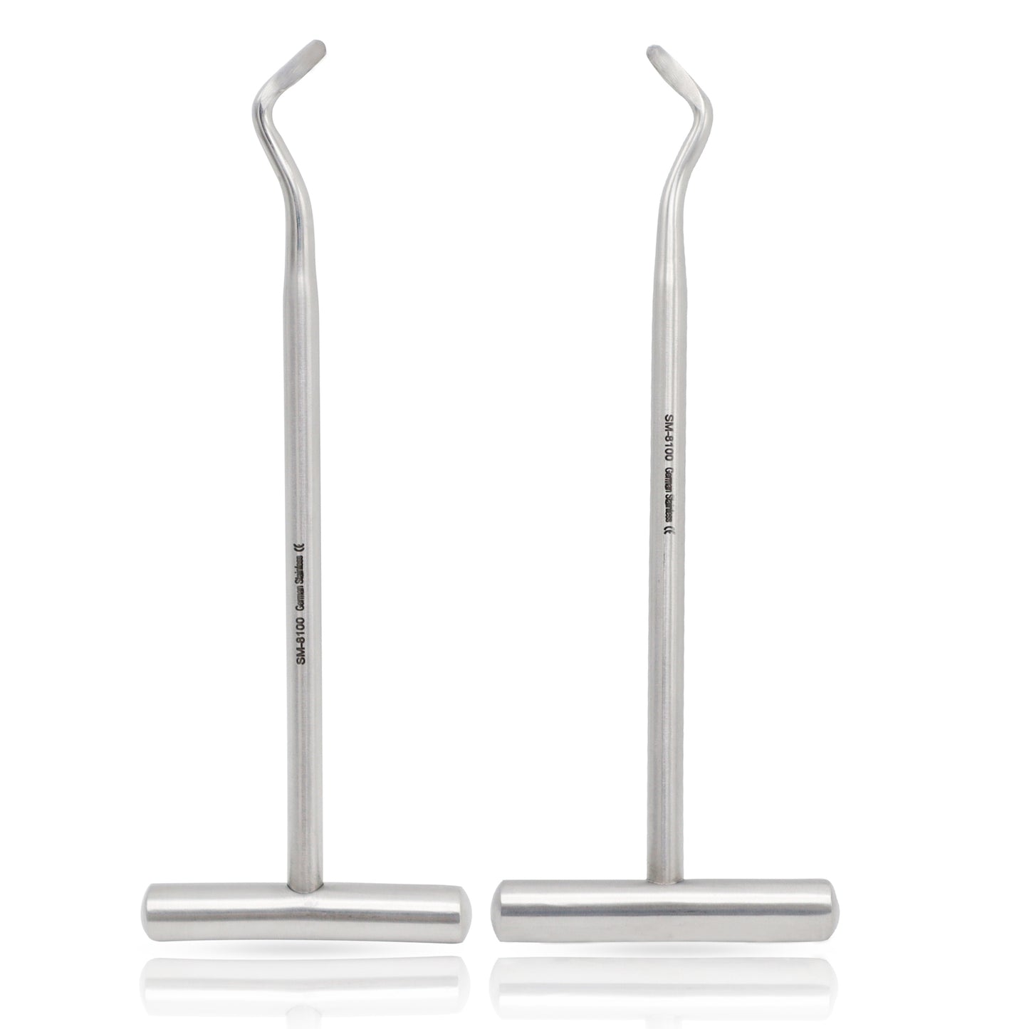 Two stainless steel Potts dental elevators with T-handles on a white background.