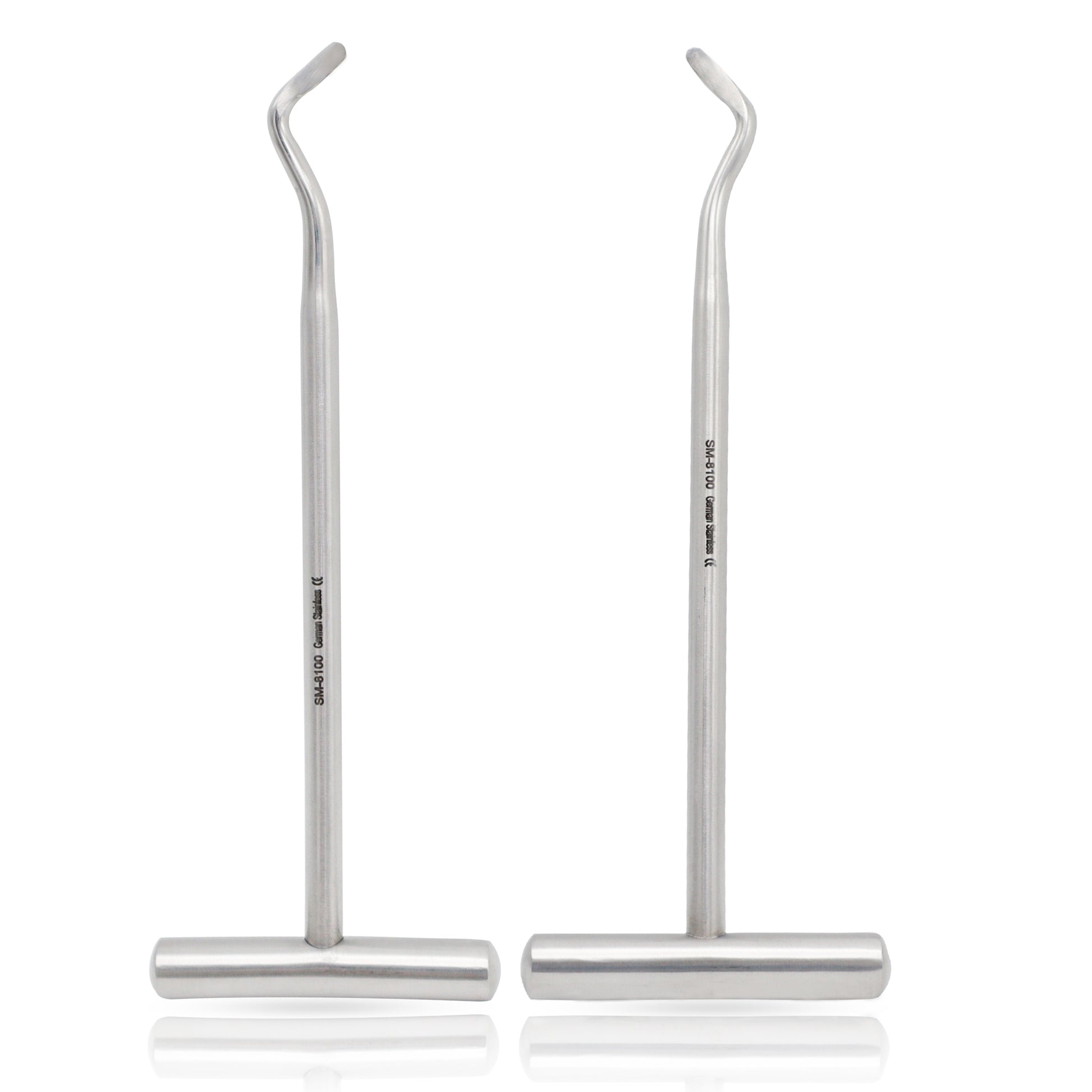 Two stainless steel Potts dental elevators with T-handles on a white background.