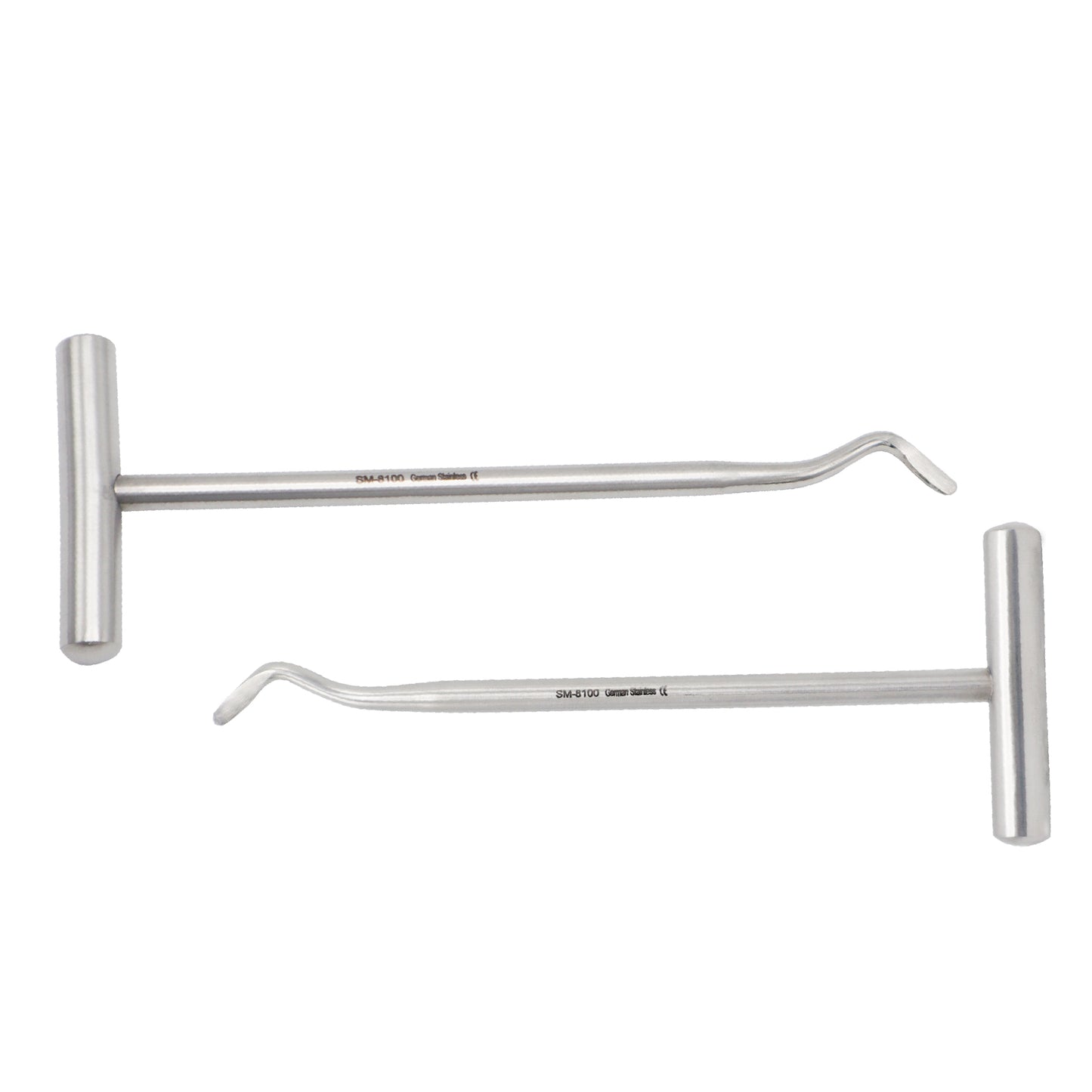 Two stainless steel Potts dental elevators with T-bar crossbar handles isolated on a white background.