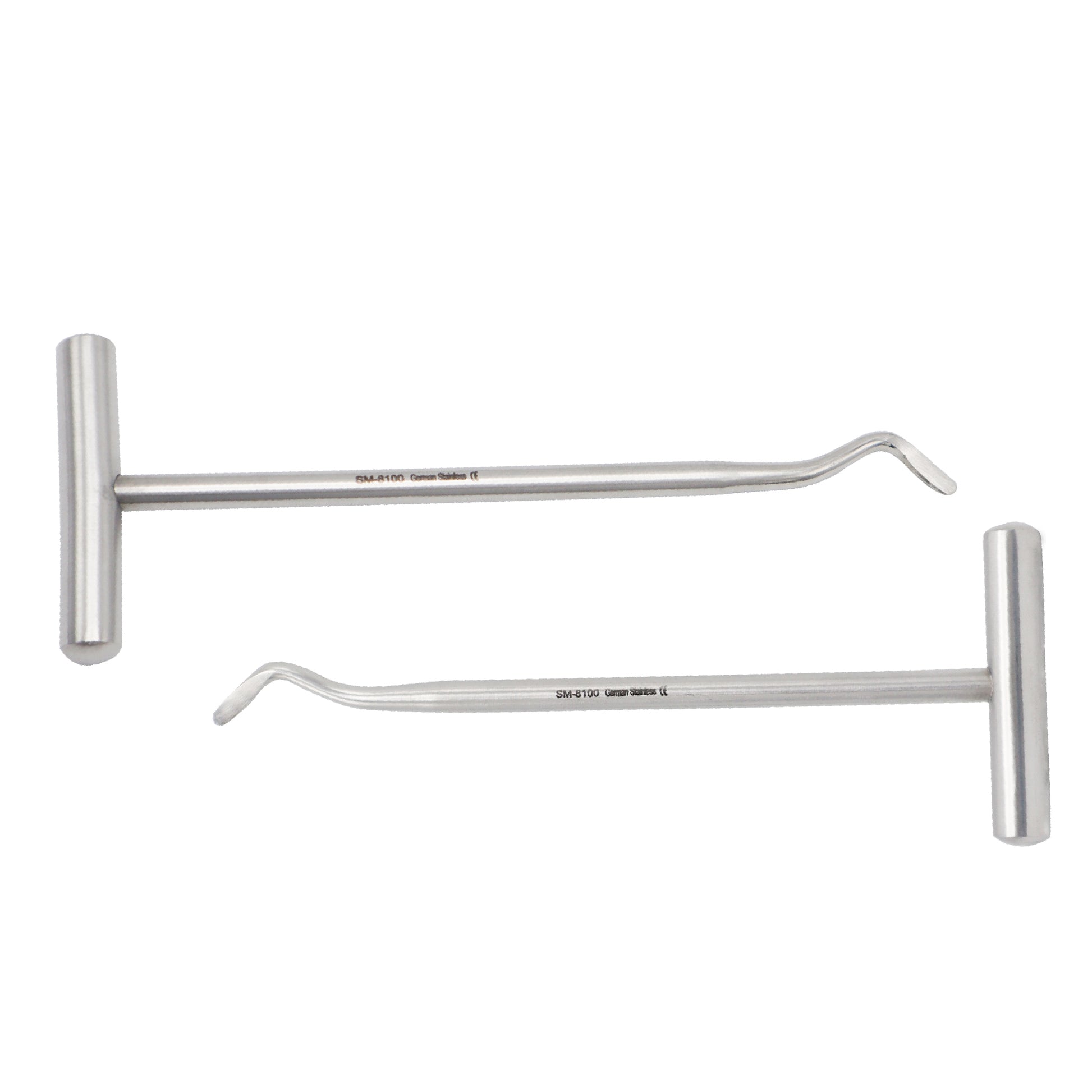 Two stainless steel Potts dental elevators with T-bar crossbar handles isolated on a white background.
