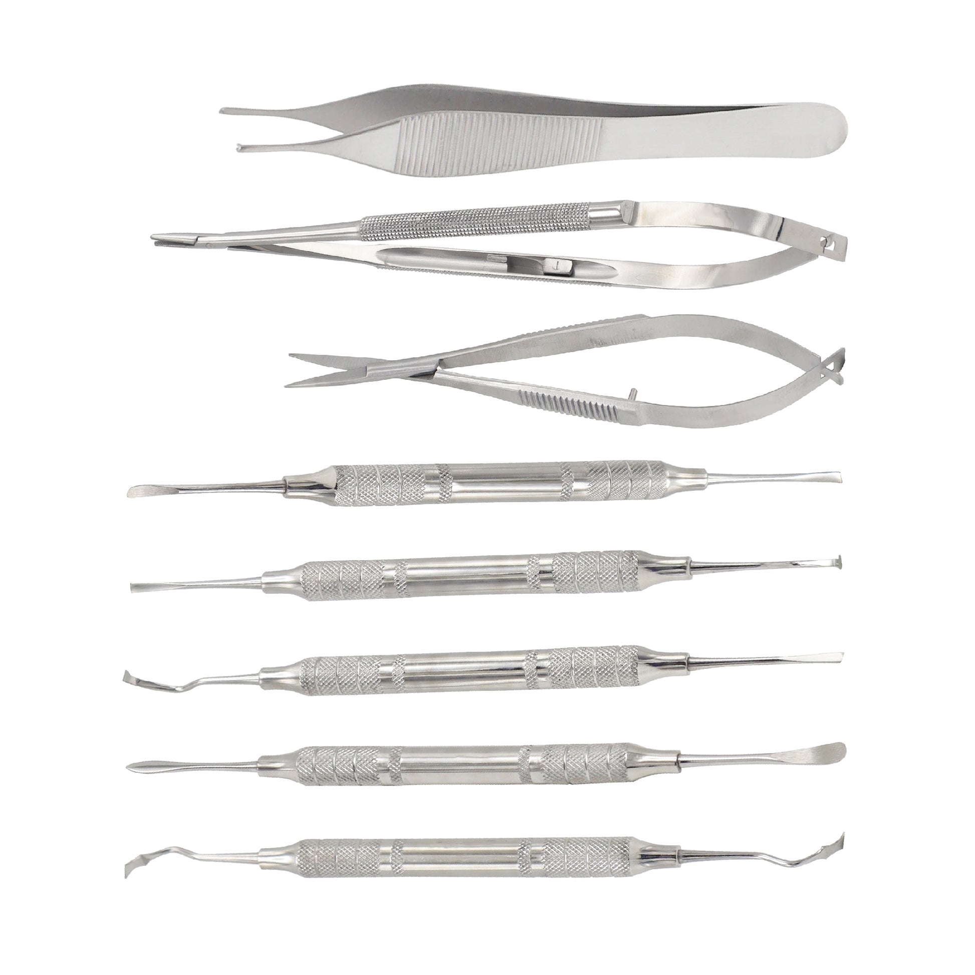 Stainless steel dental microsurgery kit containing forceps, needle holder scissors, and double ended elevators arranged vertically on a white background.