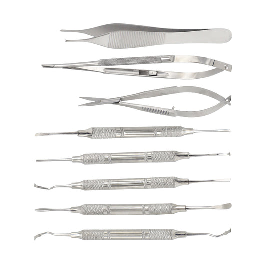 Stainless steel dental microsurgery kit containing forceps, needle holder scissors, and double ended elevators arranged vertically on a white background.