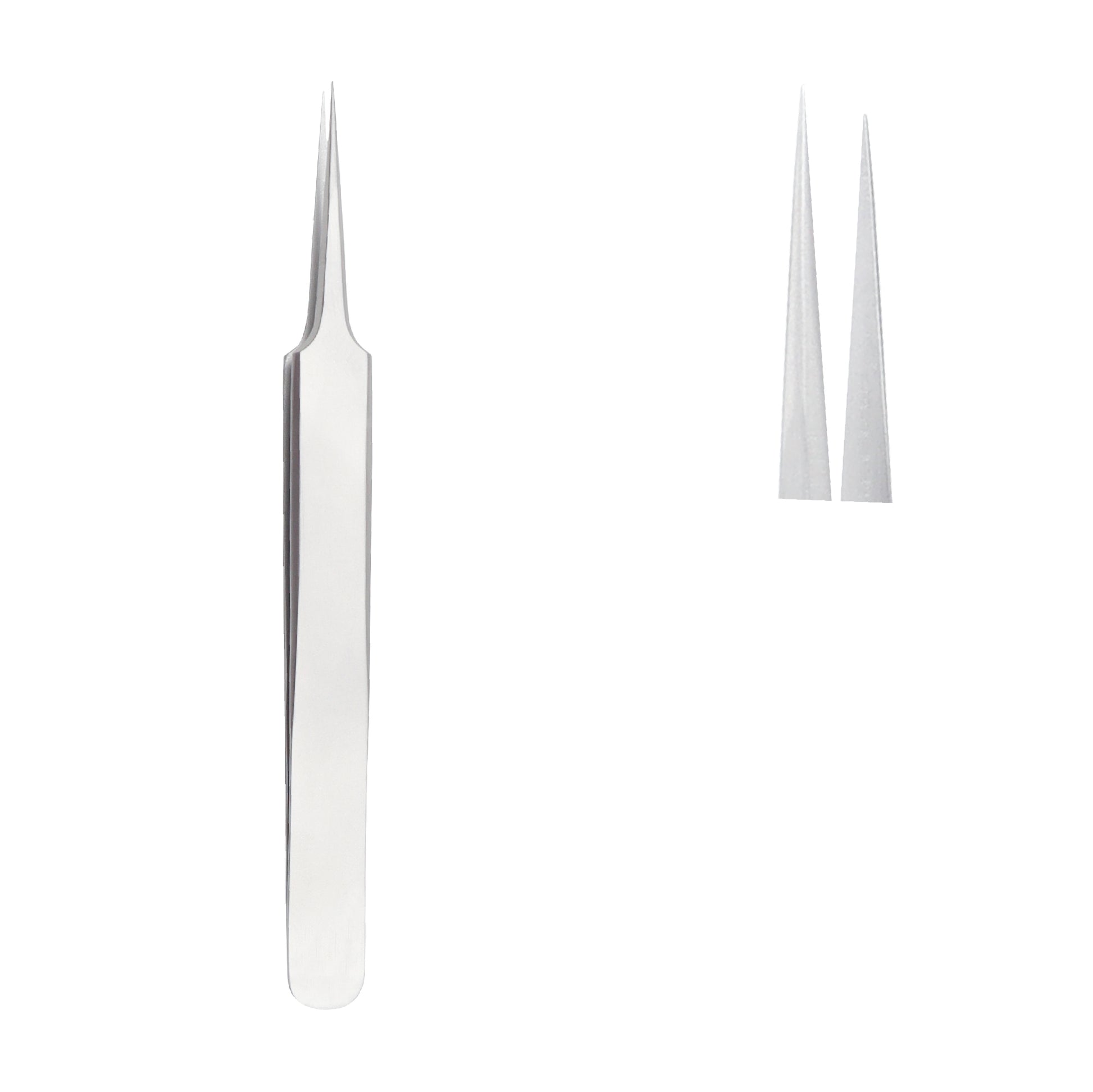 A pair of silver stainless steel tweezers with extremely sharp, needle-like tips, shown alongside a close-up of the pointed ends.
