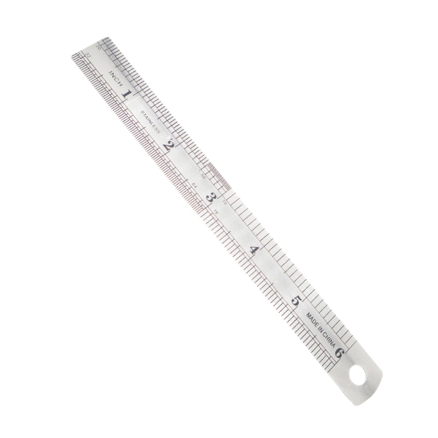 A 6-inch stainless steel precision ruler with engraved markings for inches and centimeters, featuring a hanging hole at one end.