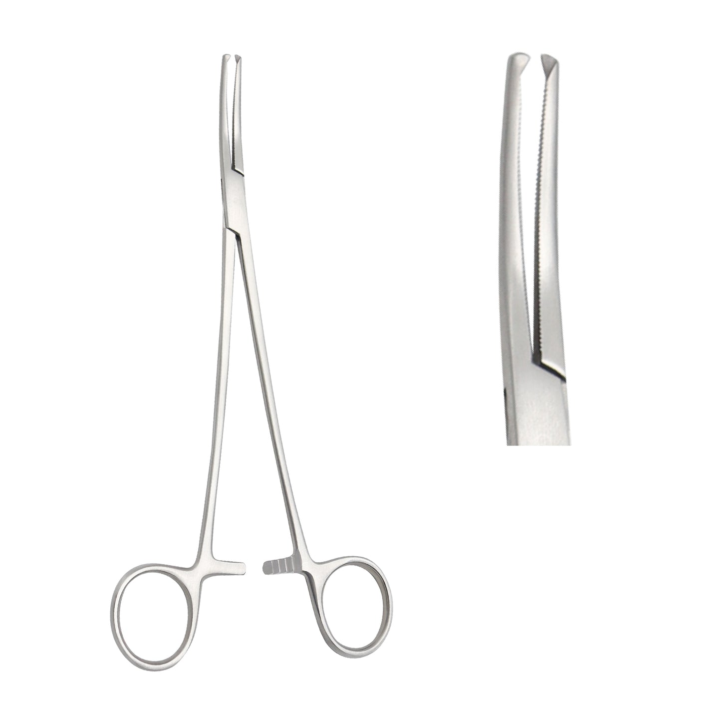 Mayo-Hegar needle holder surgical instrument made of stainless steel with a ratcheted finger-ring handle and serrated jaws for suturing.
