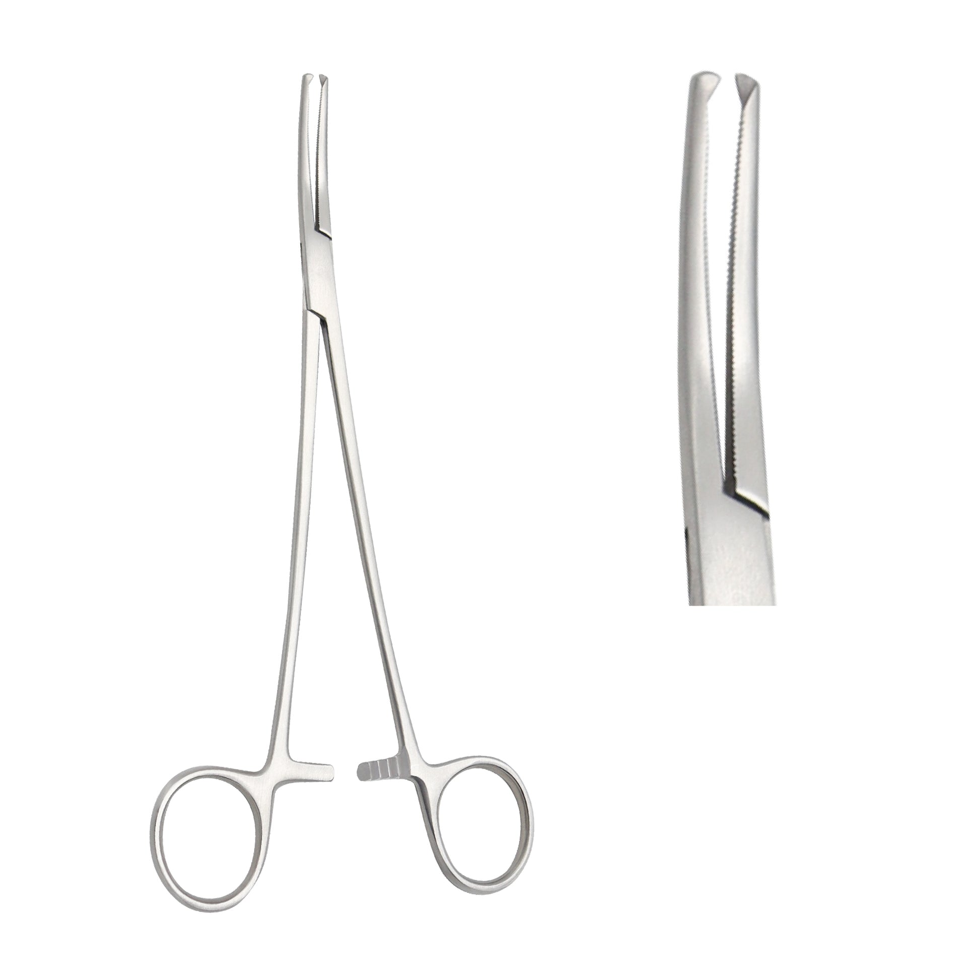 Mayo-Hegar needle holder surgical instrument made of stainless steel with a ratcheted finger-ring handle and serrated jaws for suturing.