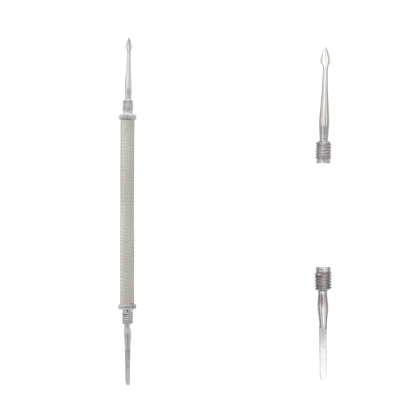 Double-ended stainless steel comedone extractor with a textured handle, lancet tip, and extractor loop.