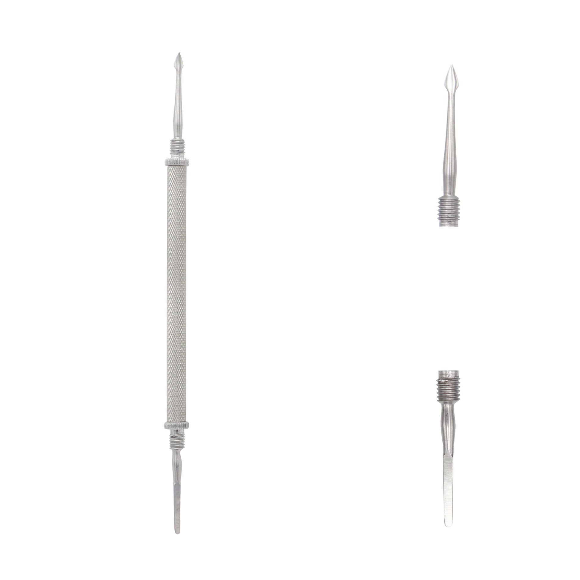 Double-ended stainless steel comedone extractor with a textured handle, lancet tip, and extractor loop.