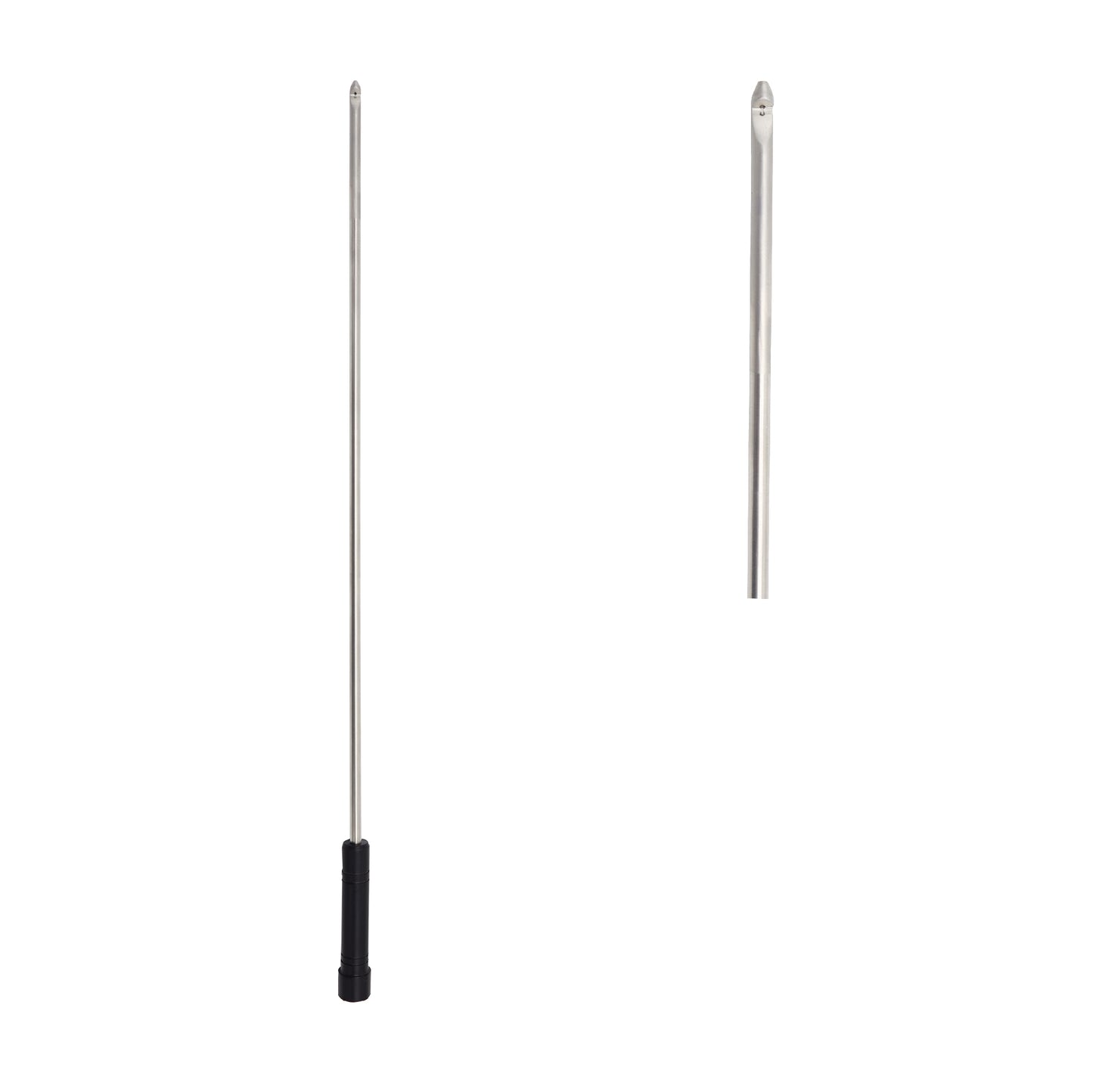 A long stainless steel puppet arm control rod with a black grip handle and a loop connector tip shown against a white background.