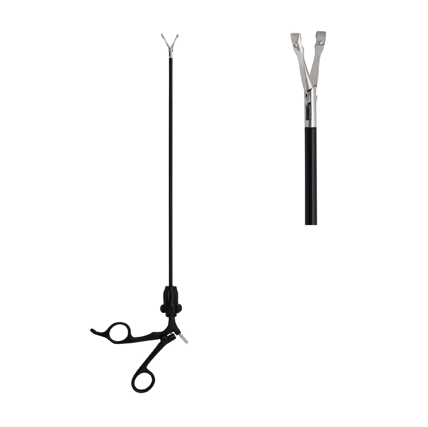 Reusable double-action laparoscopic surgical scissors with a long insulated shaft, a 360-degree rotation knob, and ergonomic black scissor-grip handles on a white background.