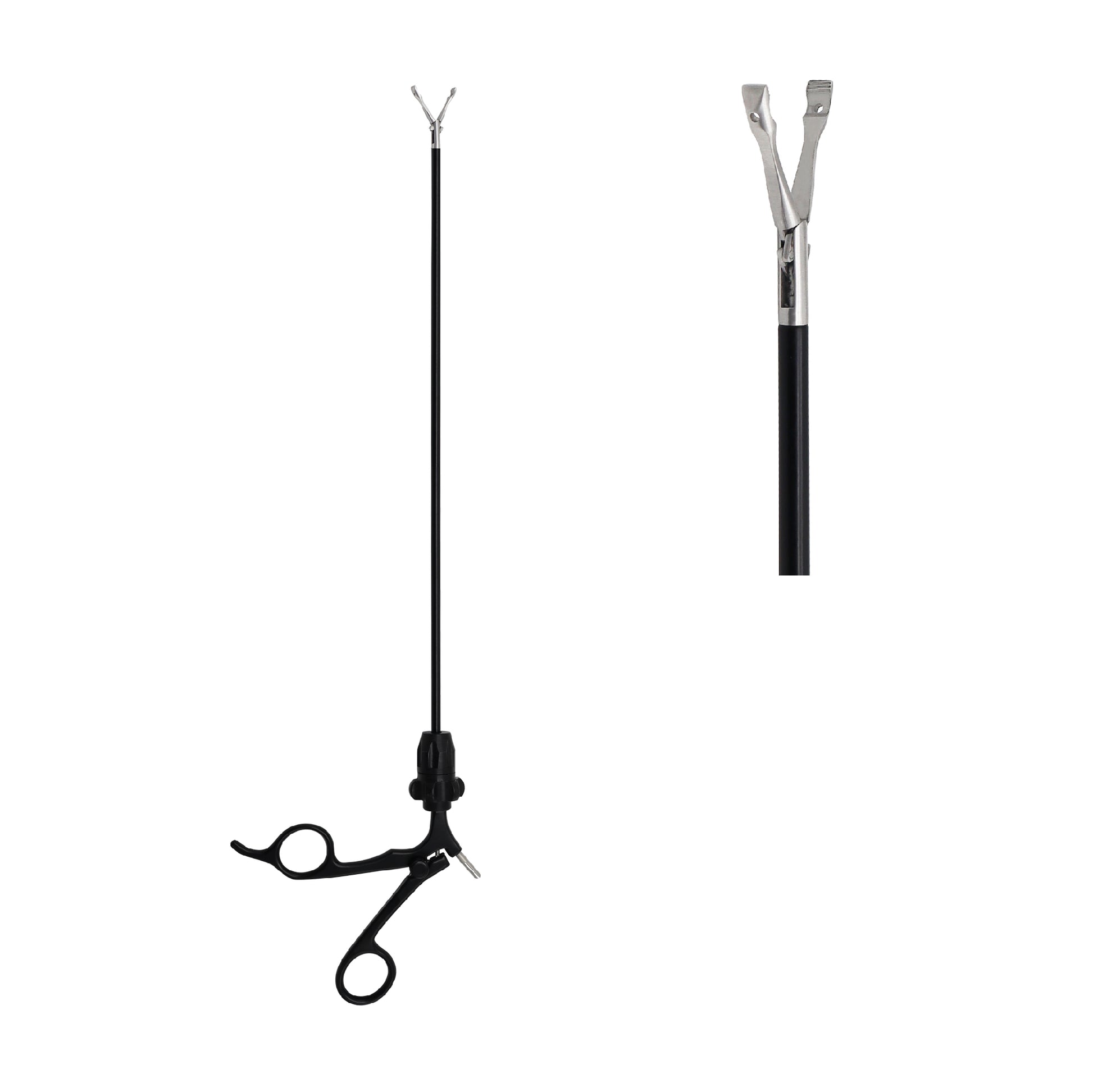 Reusable double-action laparoscopic surgical scissors with a long insulated shaft, a 360-degree rotation knob, and ergonomic black scissor-grip handles on a white background.