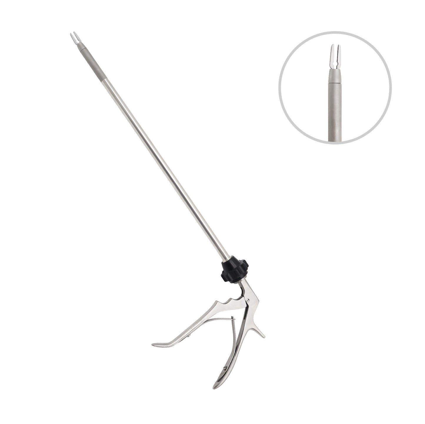 Reusable laparoscopic clip applicator surgical instrument with a 360-degree rotation knob, stainless steel dual-action plier handle, and a close-up inset circle highlighting the distal jaw tip.