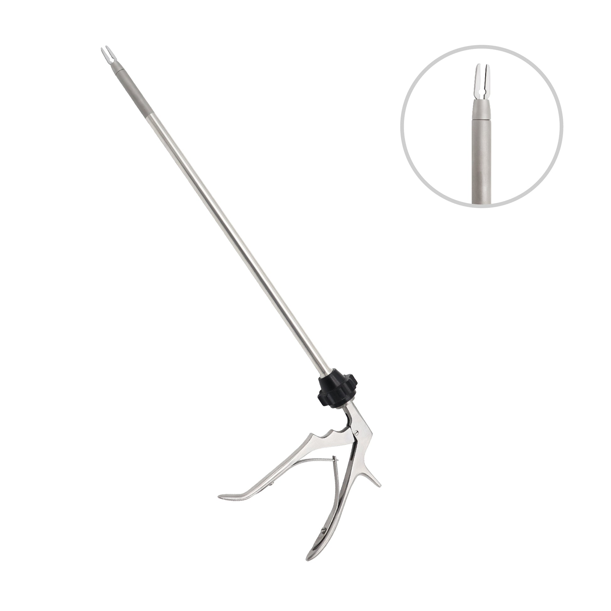 Reusable laparoscopic clip applicator surgical instrument with a 360-degree rotation knob, stainless steel dual-action plier handle, and a close-up inset circle highlighting the distal jaw tip.