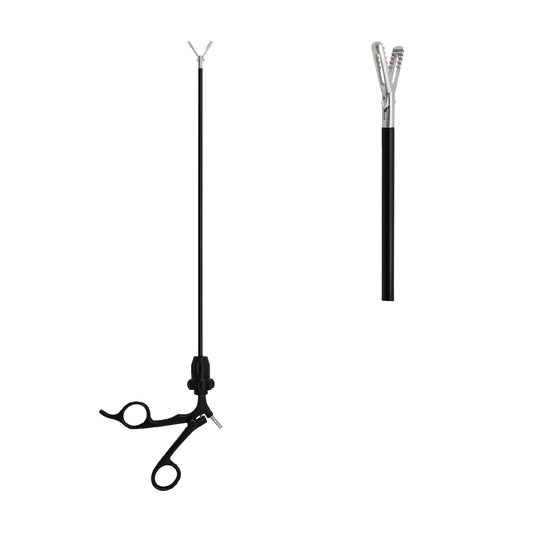 Reusable 5mm laparoscopic tissue grasper with an ergonomic finger-ring handle, insulated shaft, and close-up view of the metallic jaw tip on a white background.
