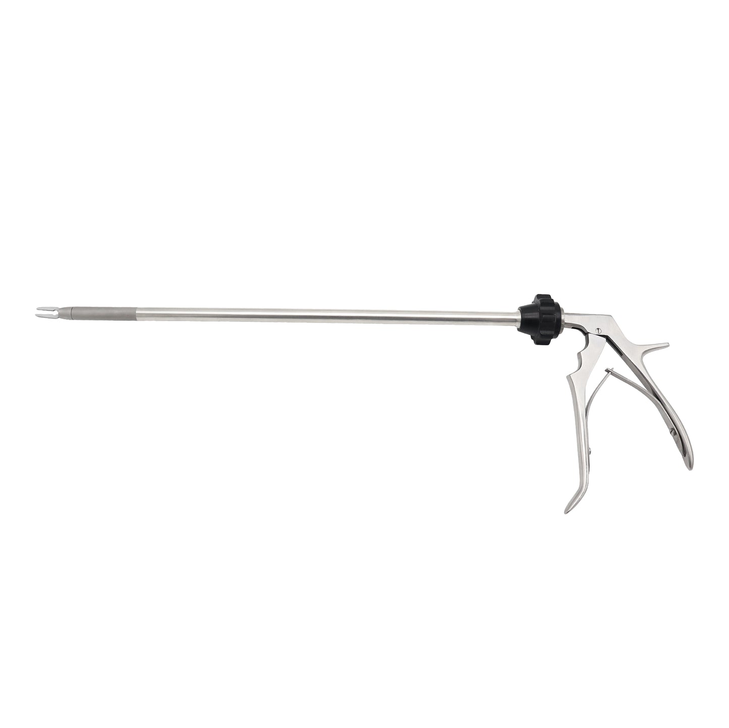 Reusable 10mm laparoscopic clip applicator with metallic handle and rotation wheel for surgical procedures.