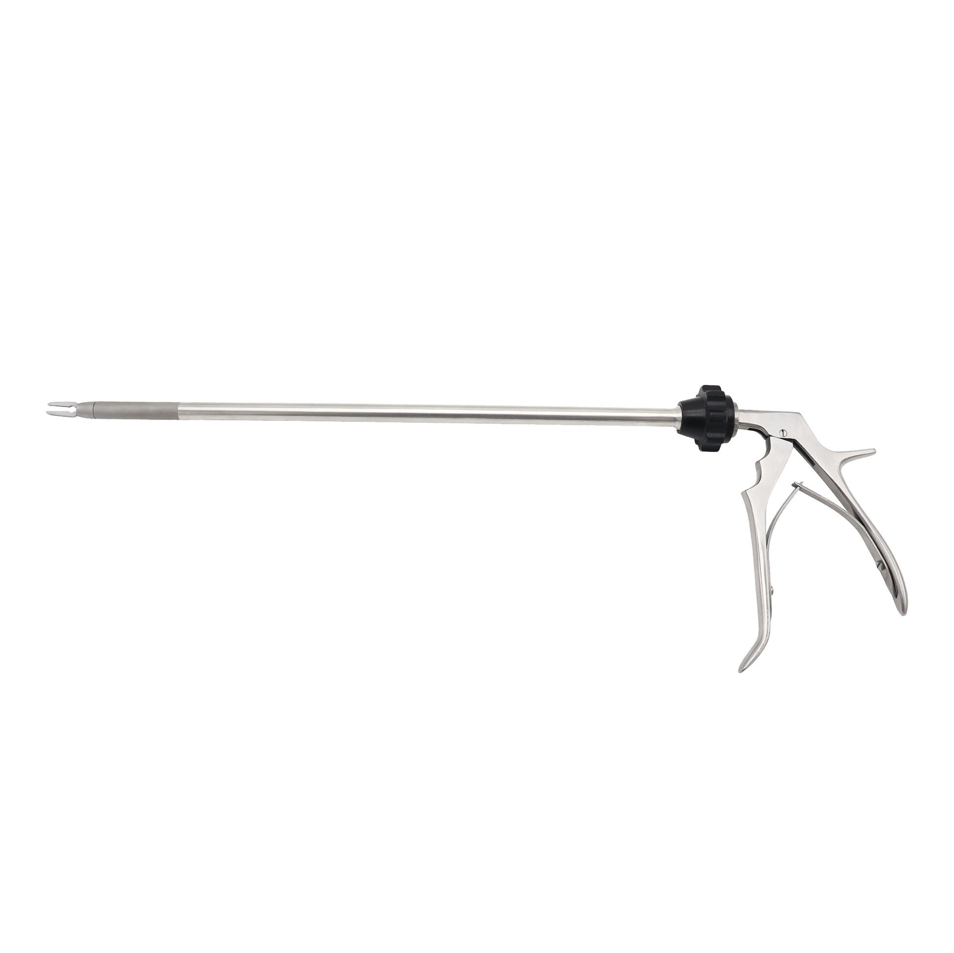 Reusable 10mm laparoscopic clip applicator with metallic handle and rotation wheel for surgical procedures.