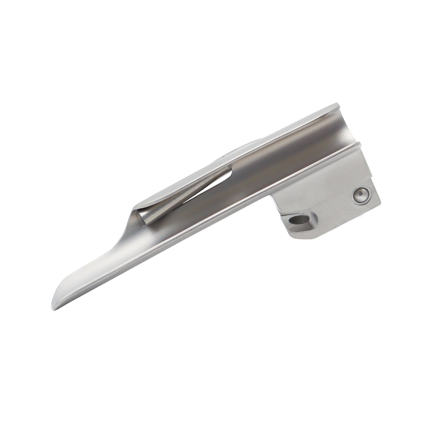 Reusable Miller fiber optic laryngoscope blade made of surgical-grade stainless steel for medical intubation and airway management.
