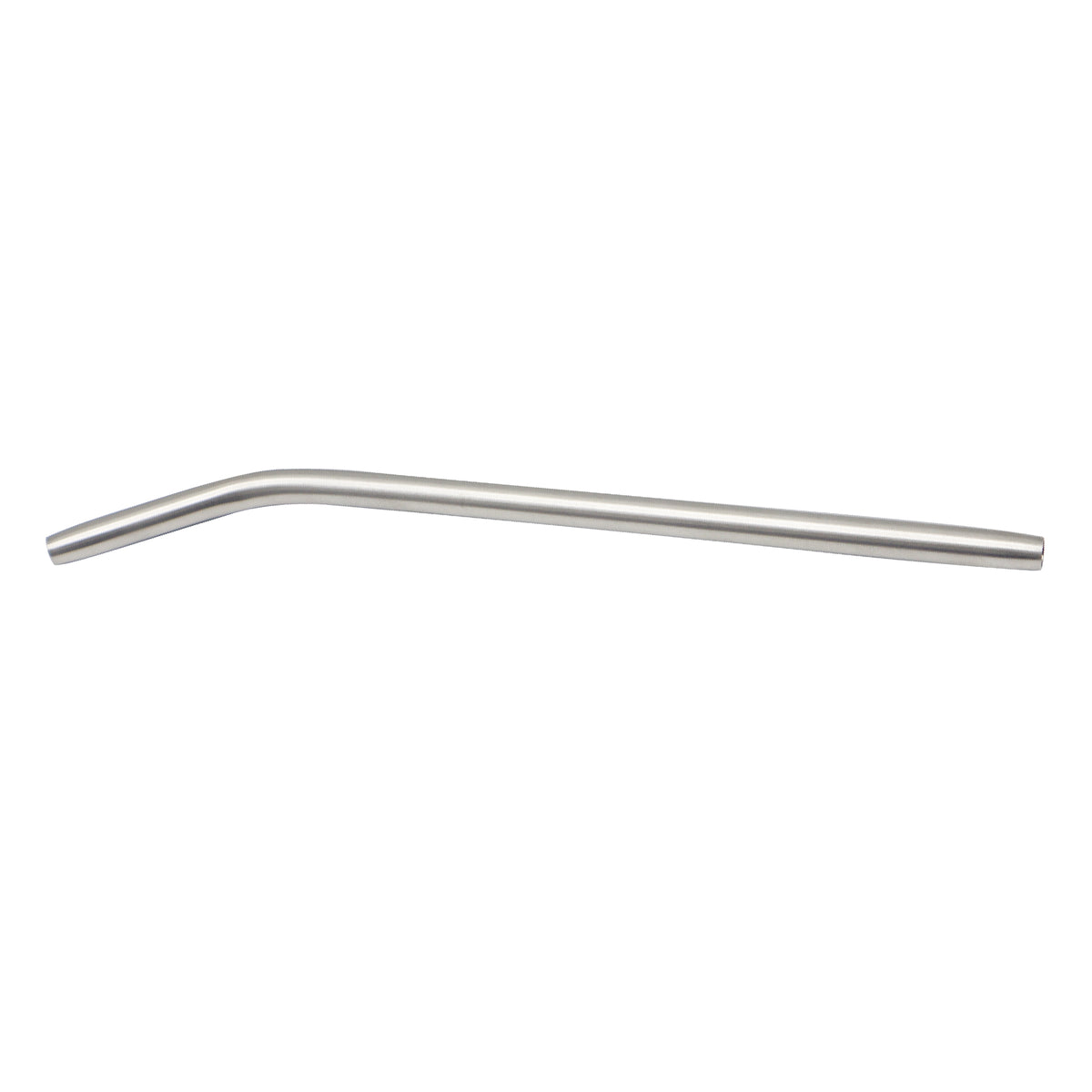 Single reusable food-grade stainless steel bent drinking straw isolated on a white background.