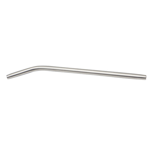Single reusable food-grade stainless steel bent drinking straw isolated on a white background.