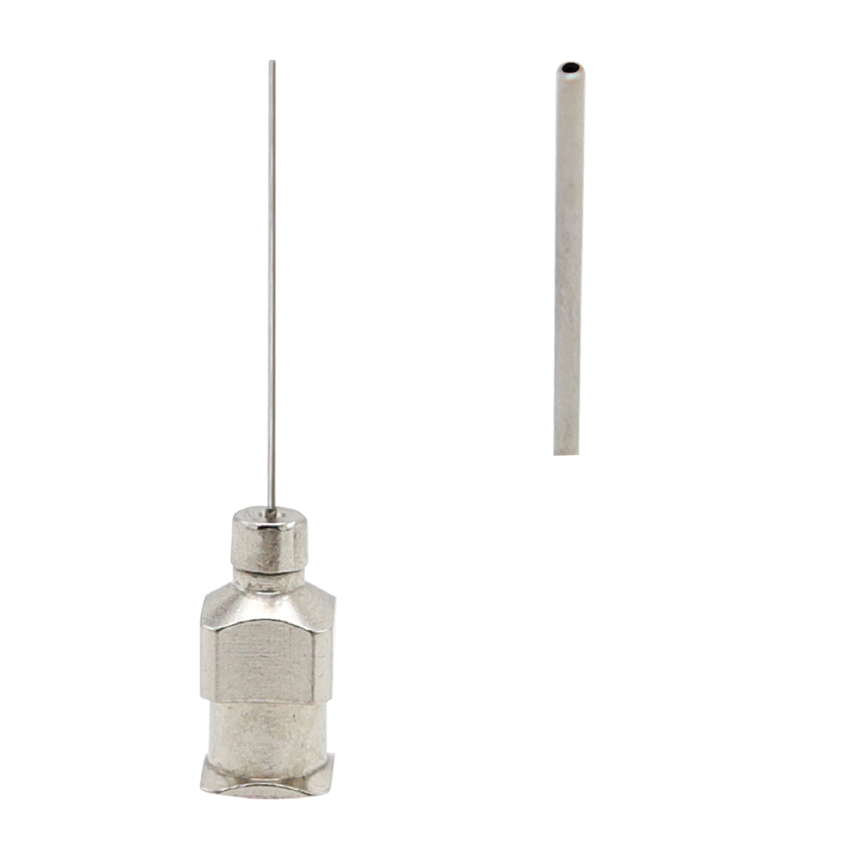 Reusable stainless steel blunt-tip dispensing needle with a square metal Luer-lock hub connector, shown alongside a thin matching metal sleeve protector on a clean white background.