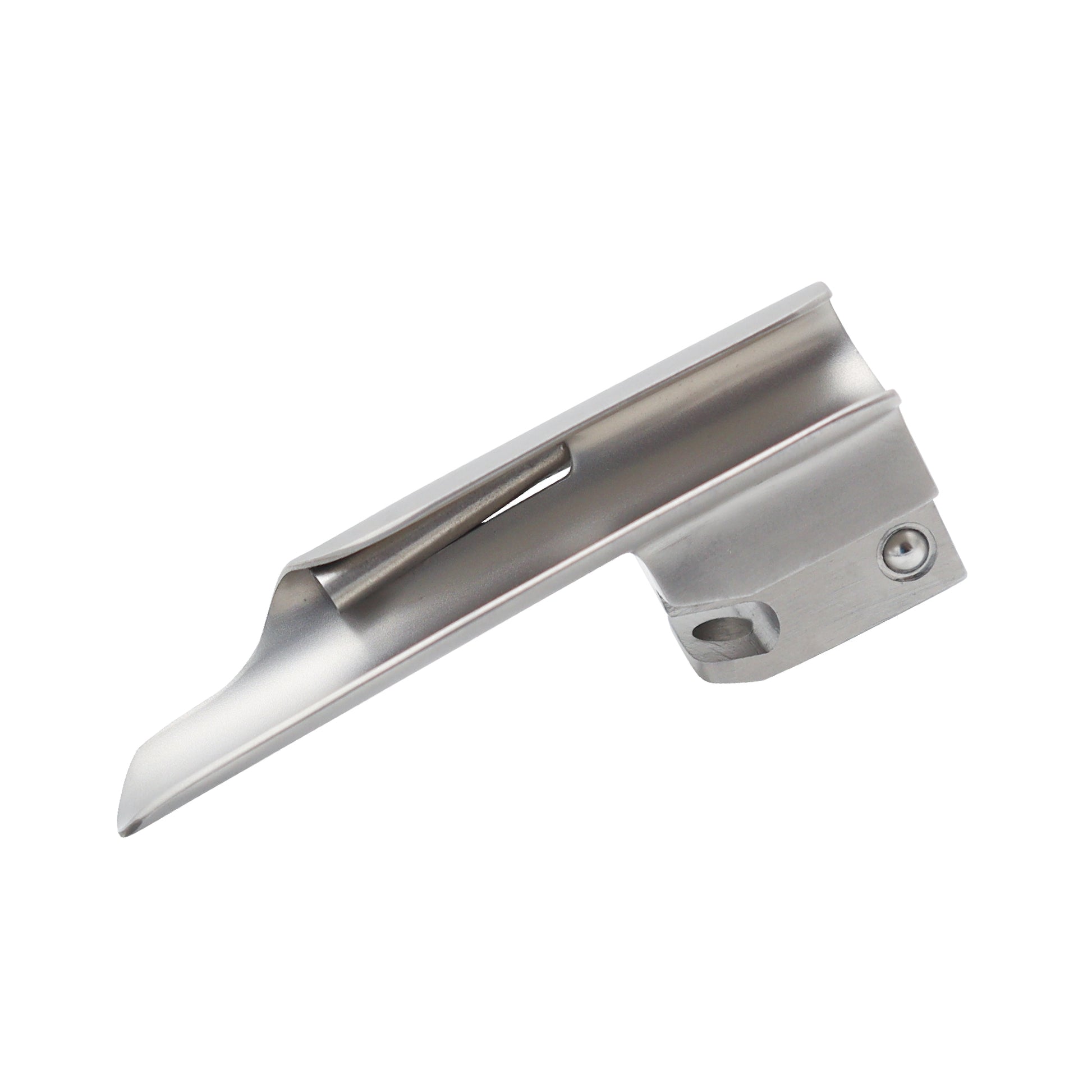 Profile view of a Miller fiber optic laryngoscope blade made of matte stainless steel, showing the straight blade design and integrated light channel for medical intubation.