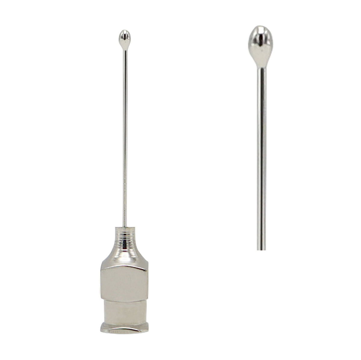 Straight reusable stainless steel oral gavage needle with a Luer lock hub base and a smooth rounded bulb tip, shown next to a close-up view of the blunt feeding cannula tip.