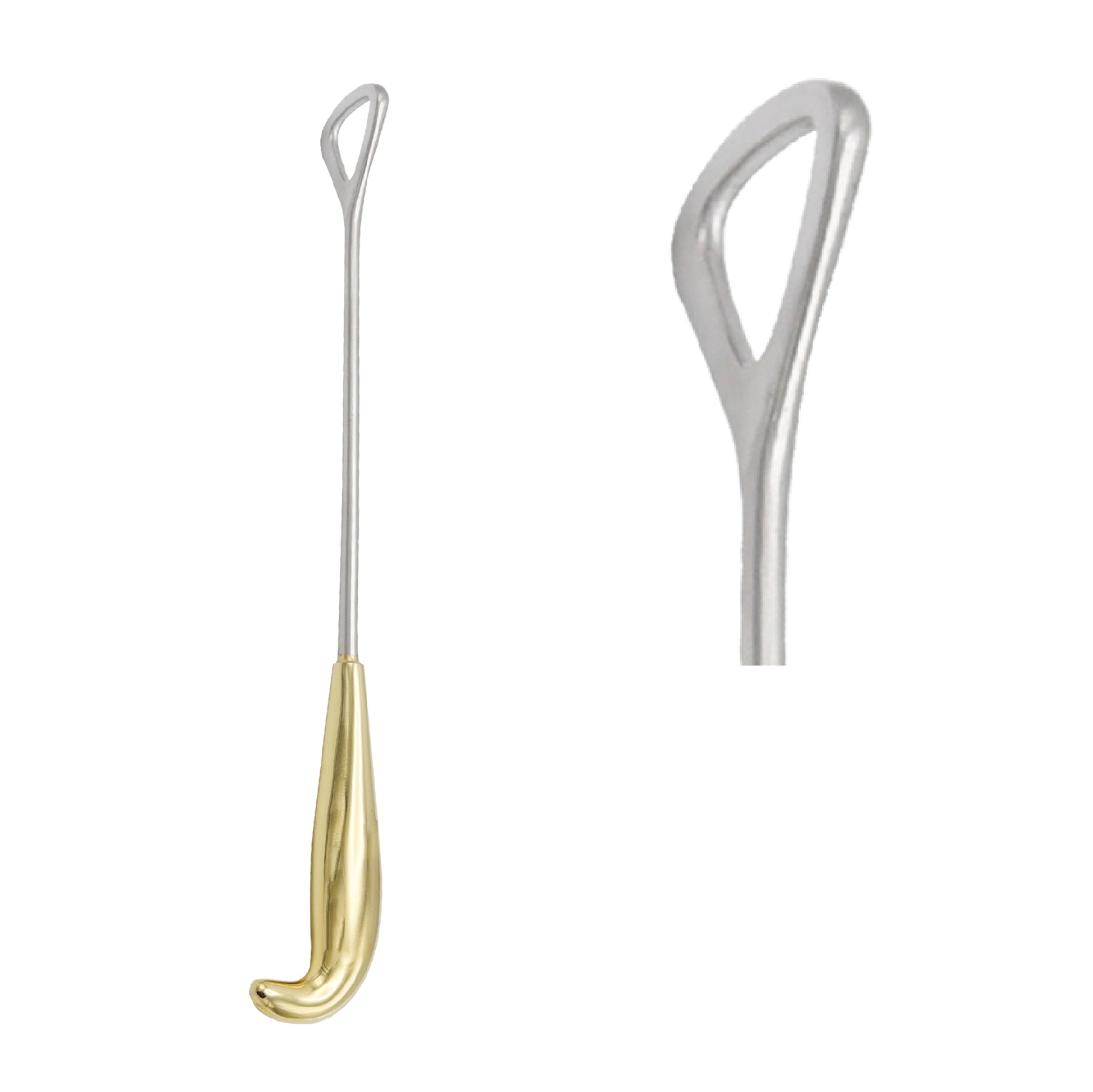 Reynolds Transaxillary Breast Dissector surgical instrument featuring a long straight metallic shaft, a teardrop-shaped fenestrated loop tip, and an ergonomic gold-plated curved handle, shown alongside a close-up detail of the loop tip.