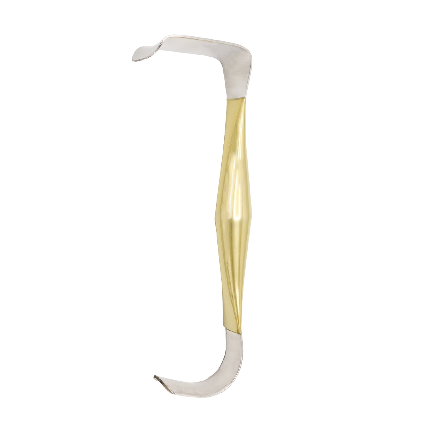 Reynolds transaxillary breast retractor surgical instrument with a gold-colored central handle and double-ended stainless steel blades.