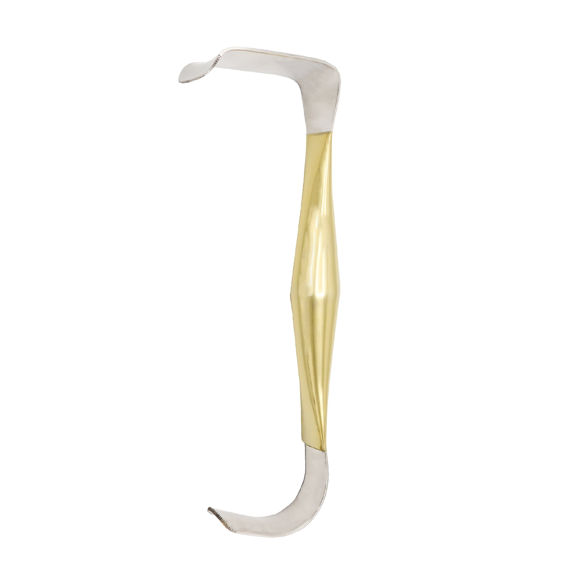 Reynolds transaxillary breast retractor surgical instrument with a gold-colored central handle and double-ended stainless steel blades.