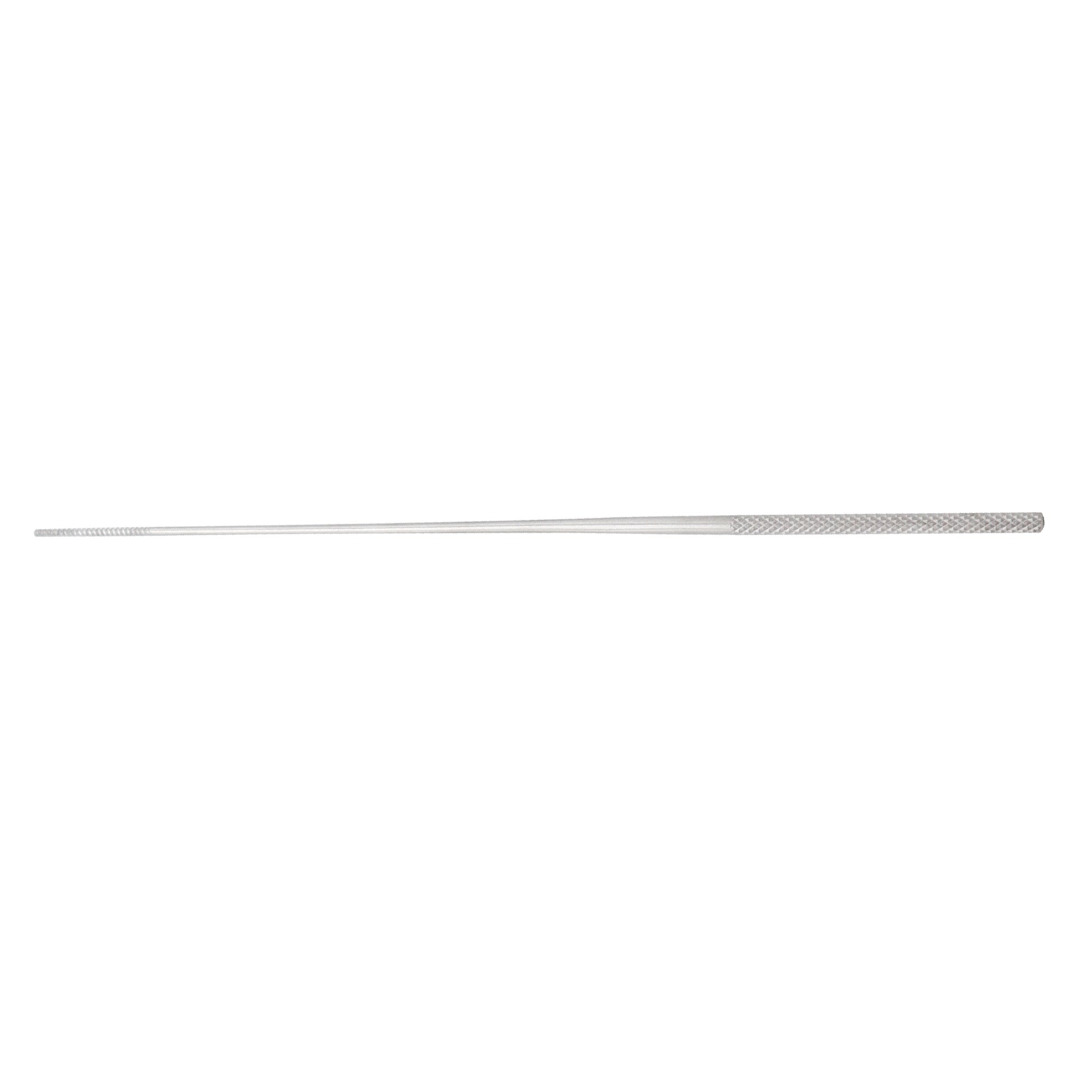 A stainless steel Rhoton micro dissector surgical instrument with a long slender shaft and a knurled textured grip handle, isolated horizontally on a clean white background.