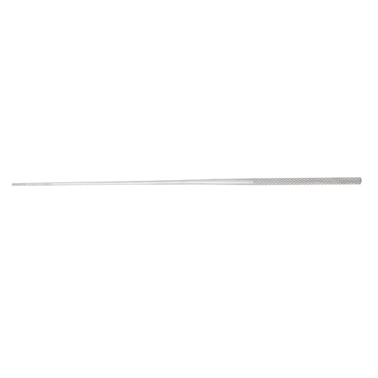 A stainless steel Rhoton micro dissector surgical instrument with a long slender shaft and a knurled textured grip handle, isolated horizontally on a clean white background.