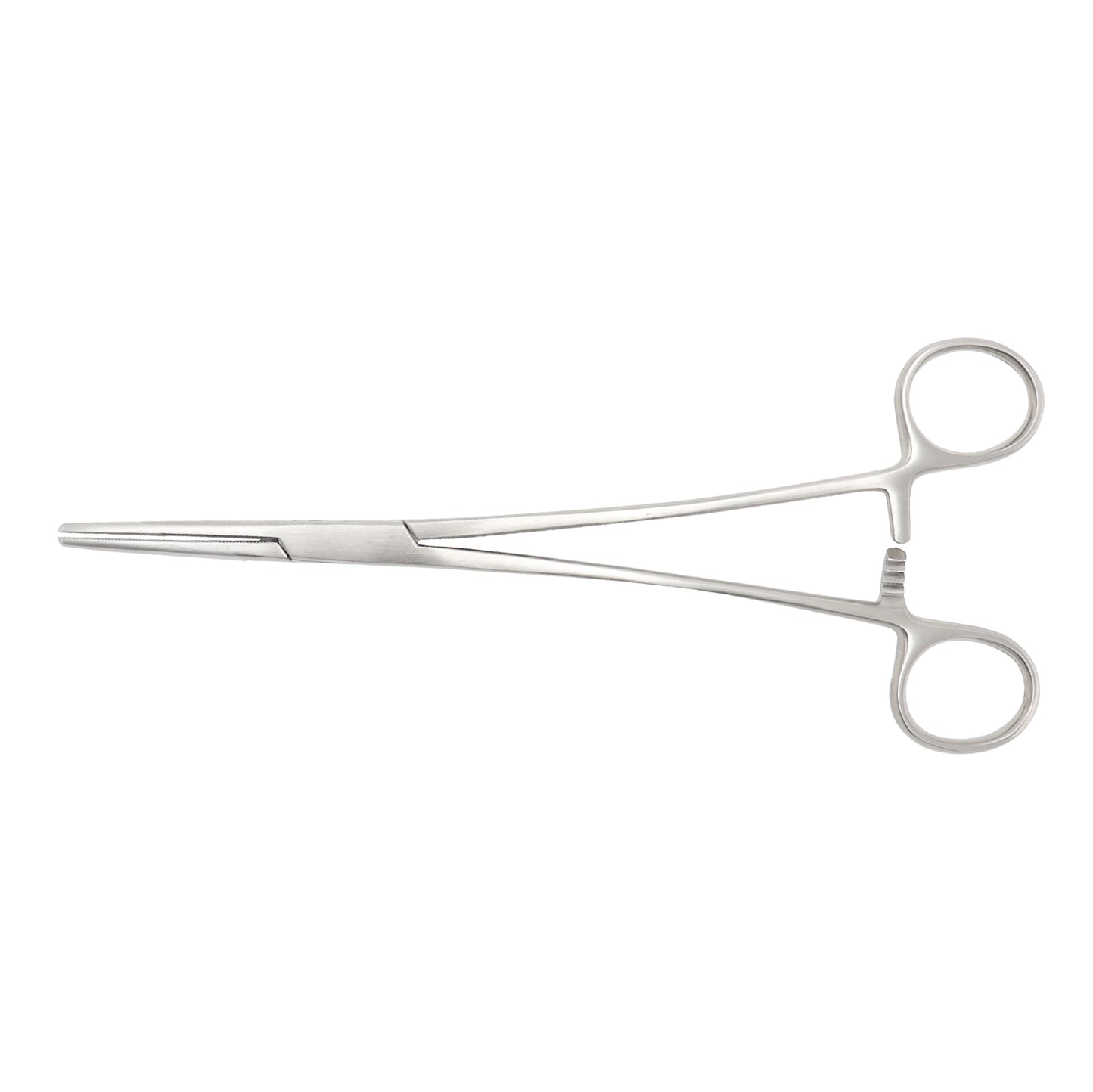 Straight 20cm Rochester Carmalt hemostatic forceps made of surgical-grade stainless steel, featuring longitudinal serrations and a multi-position locking ratchet handle.