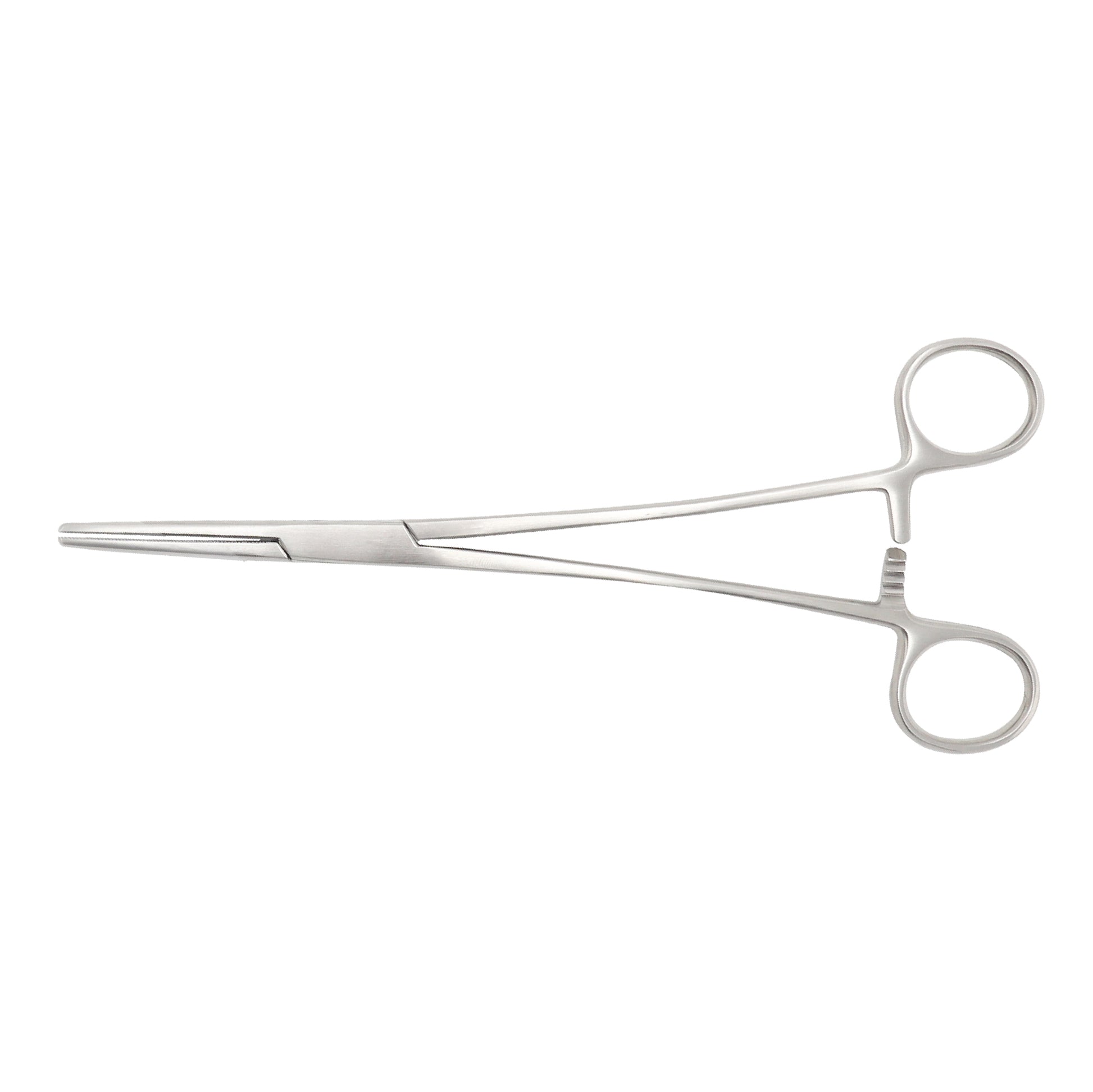 Straight 20cm Rochester Carmalt hemostatic forceps made of surgical-grade stainless steel, featuring longitudinal serrations and a multi-position locking ratchet handle.