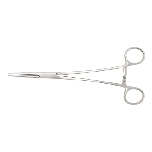 Straight 20cm Rochester Carmalt hemostatic forceps made of surgical-grade stainless steel, featuring longitudinal serrations and a multi-position locking ratchet handle.