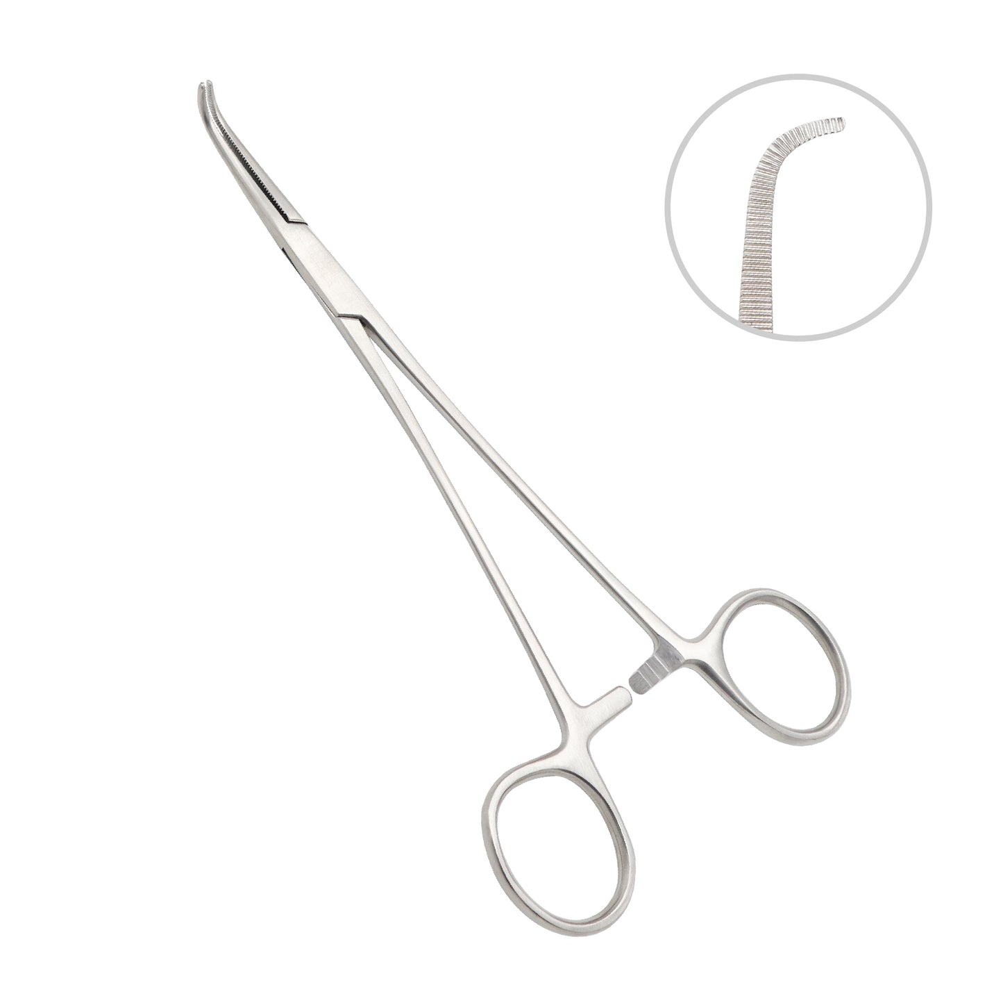 Rochester-Carmalt Hemostatic Forceps with curved jaws, longitudinal serrations, and locking ratchet handle for surgical vessel clamping.
