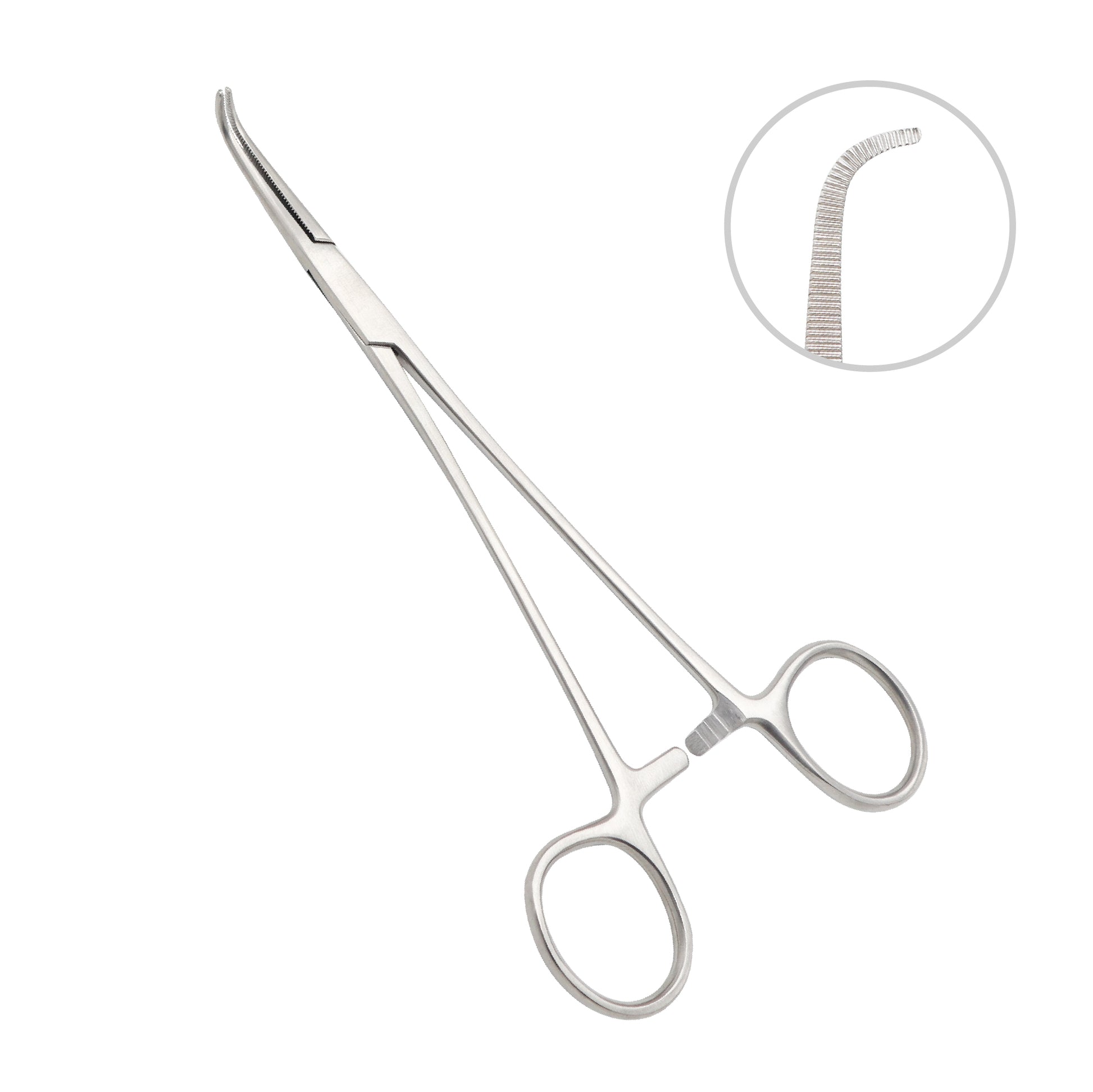 Rochester-Carmalt Hemostatic Forceps with curved jaws, longitudinal serrations, and locking ratchet handle for surgical vessel clamping.