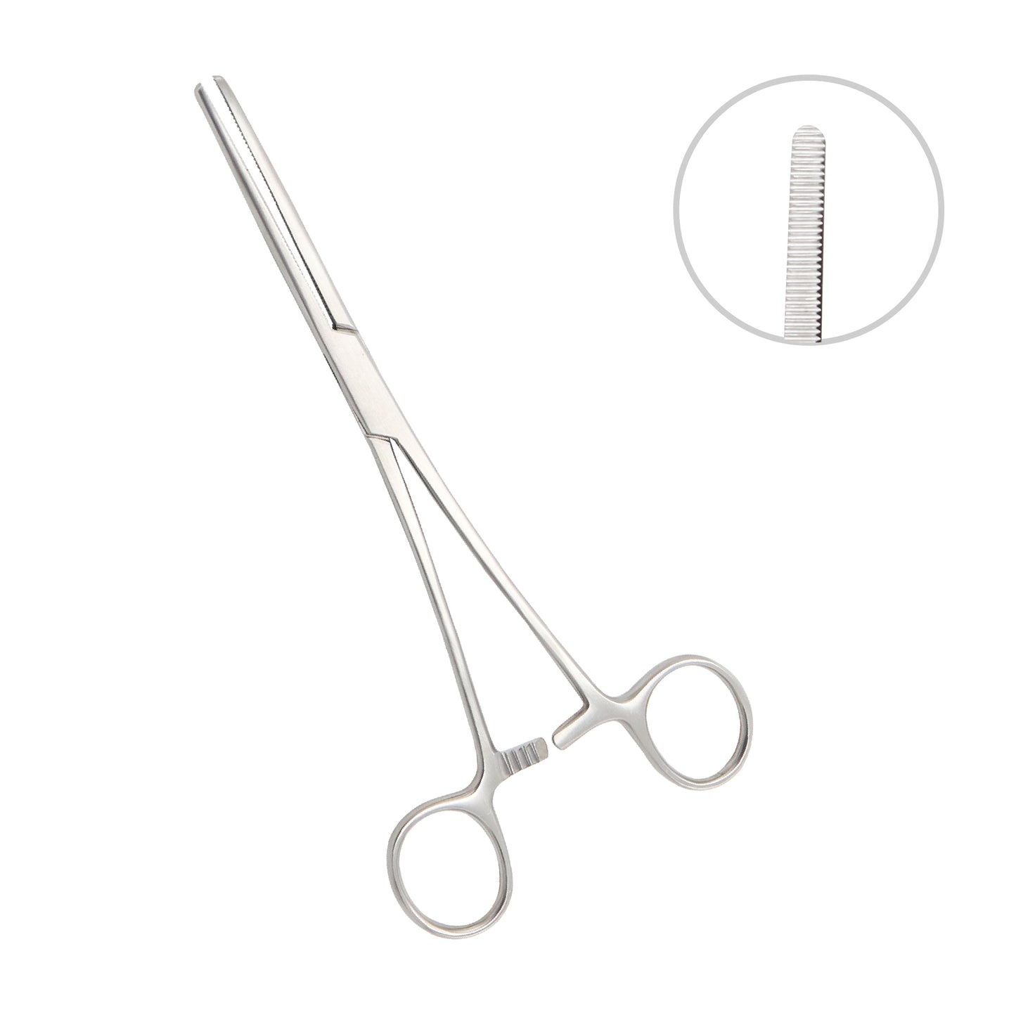 A pair of straight Rochester Carmalt Hemostatic Forceps made of stainless steel, featuring finger-ring handles with a locking ratchet mechanism and long jaws with distinctive longitudinal serrations and a cross-hatched tip for secure tissue clamping.