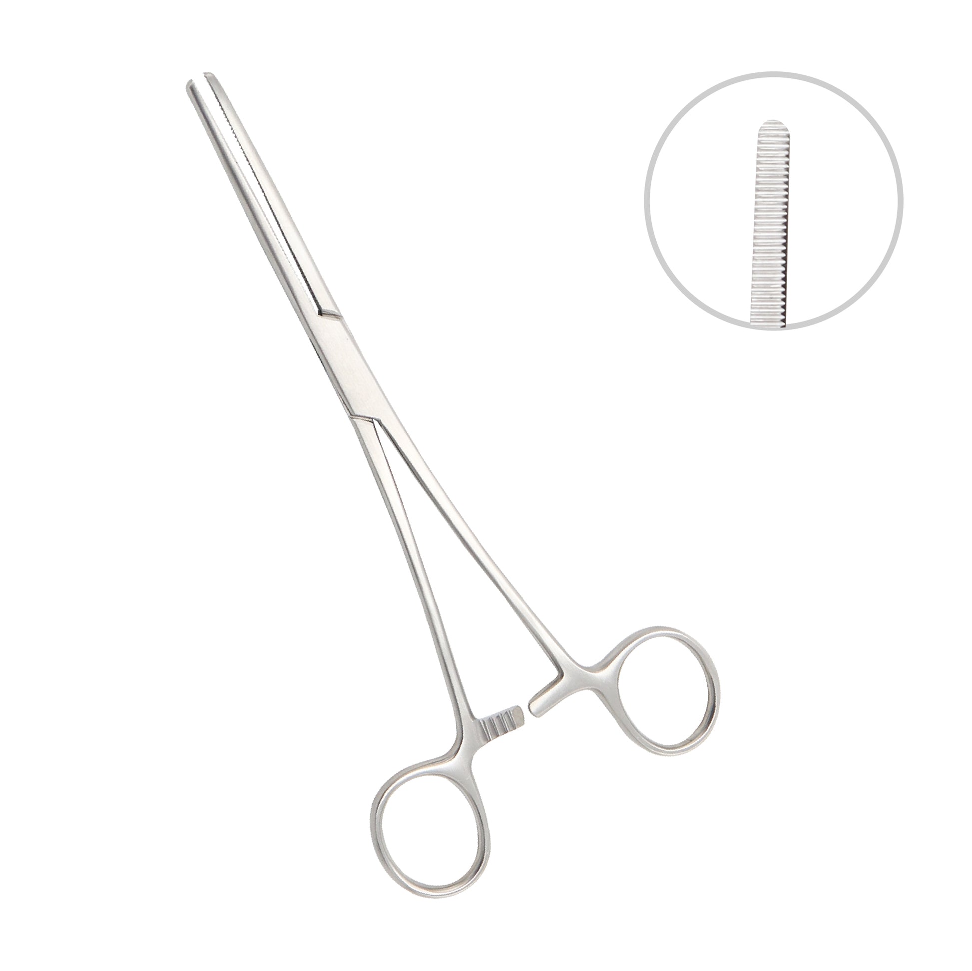 A pair of straight Rochester Carmalt Hemostatic Forceps made of stainless steel, featuring finger-ring handles with a locking ratchet mechanism and long jaws with distinctive longitudinal serrations and a cross-hatched tip for secure tissue clamping.