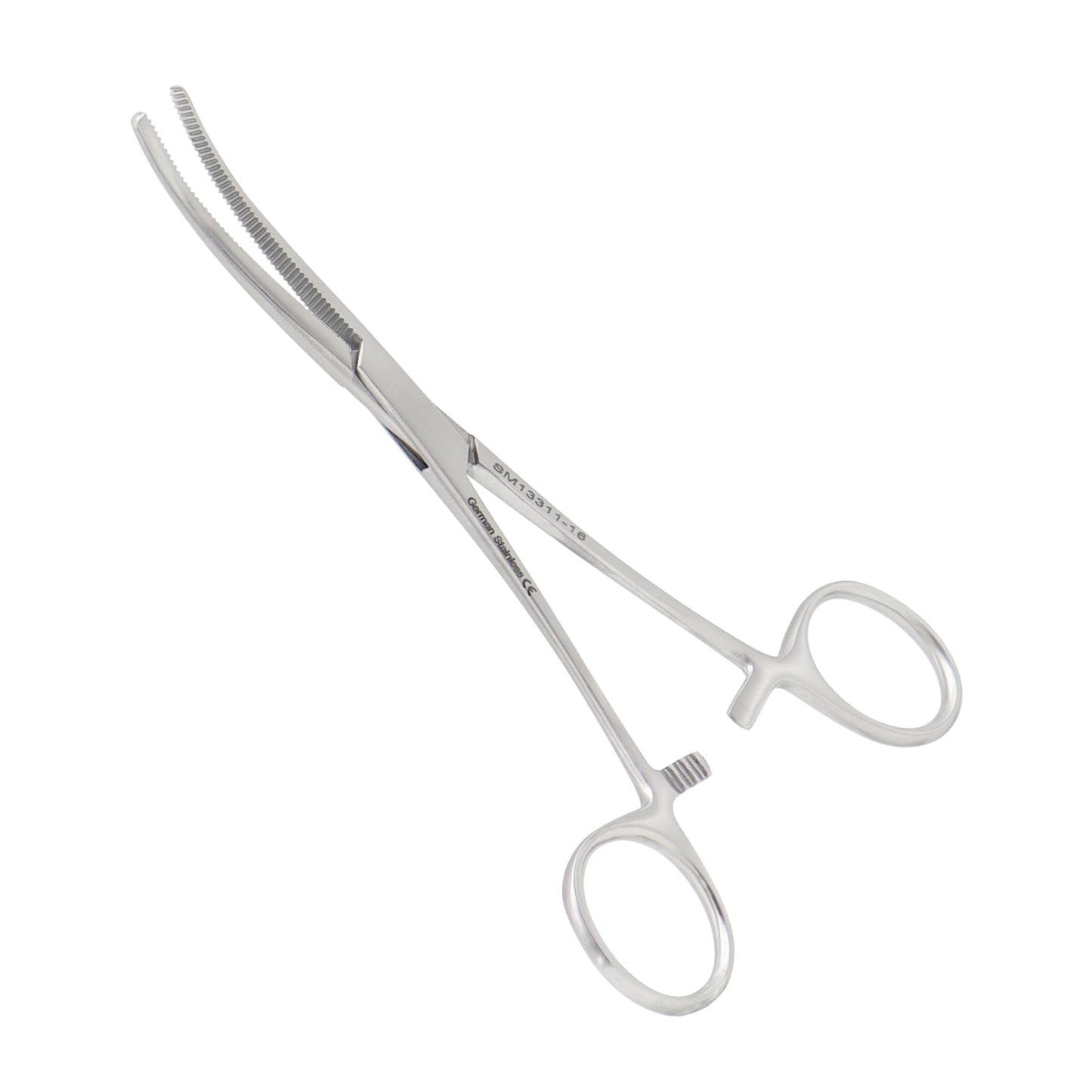 Stainless steel Rochester-Pean hemostatic forceps, 14cm curved serrated jaws with ratchet locking handle.