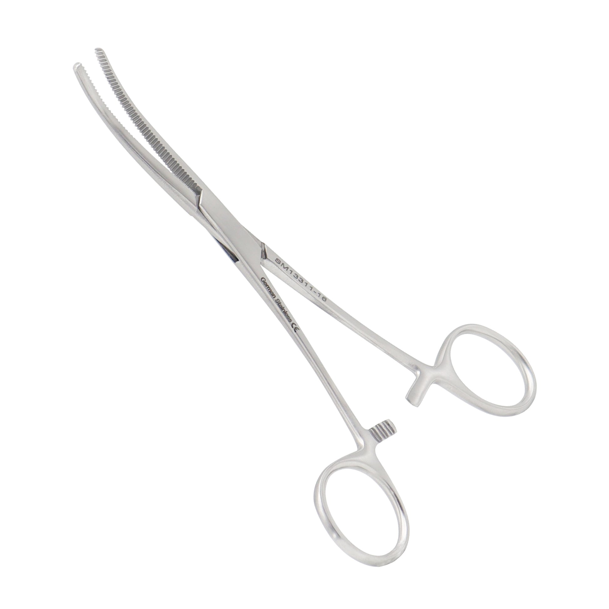 Stainless steel Rochester-Pean hemostatic forceps, 14cm curved serrated jaws with ratchet locking handle.