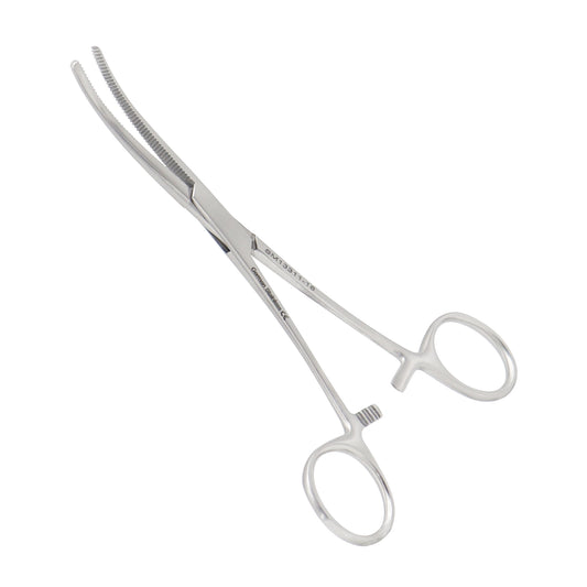 Stainless steel Rochester-Pean hemostatic forceps, 14cm curved serrated jaws with ratchet locking handle.